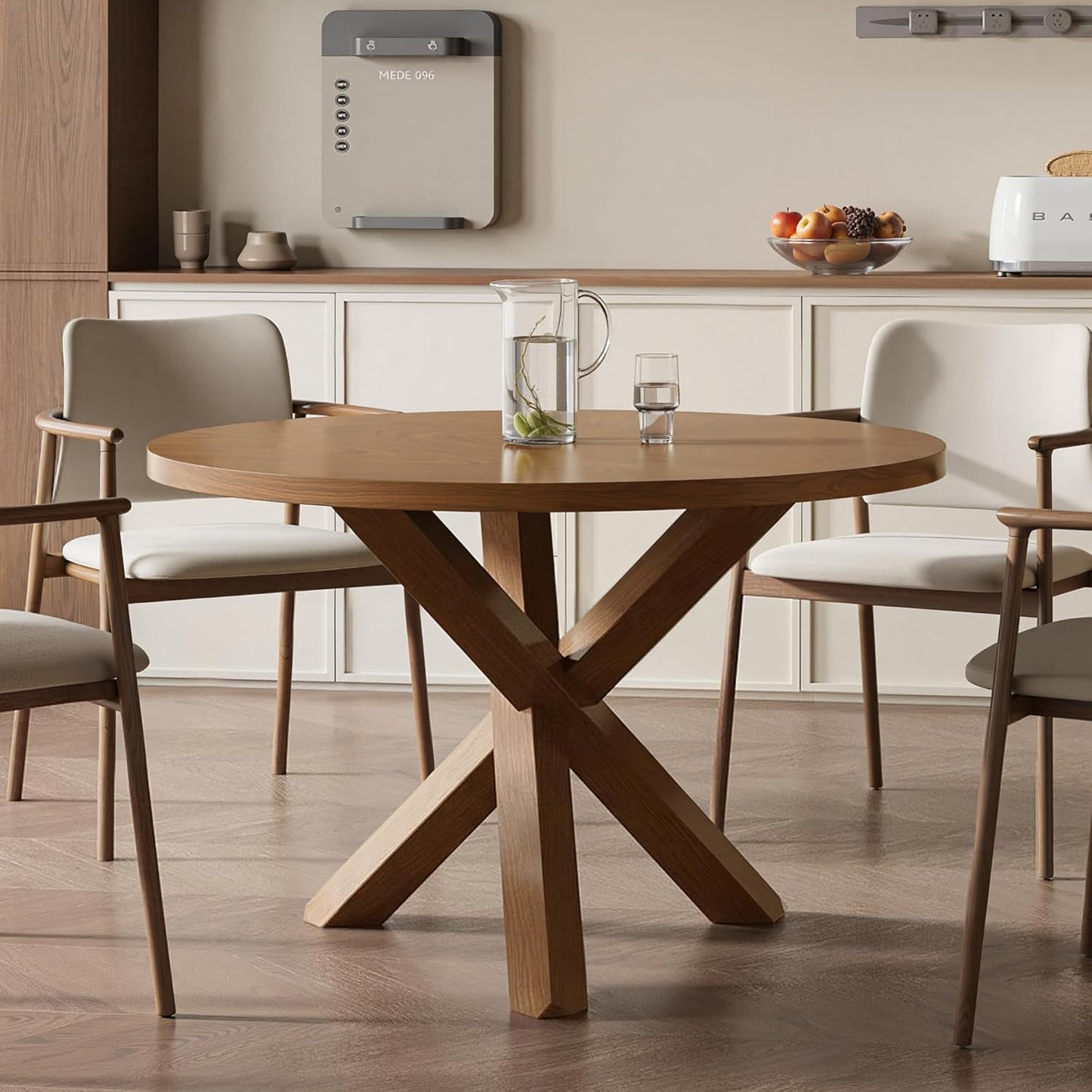 Acanva 47" Small Round Dining Table for 4 Person, MDF Top and Sturdy Wood Base Structure, Modern Design for Kitchen, Compact Space & Apartment, Light Brown