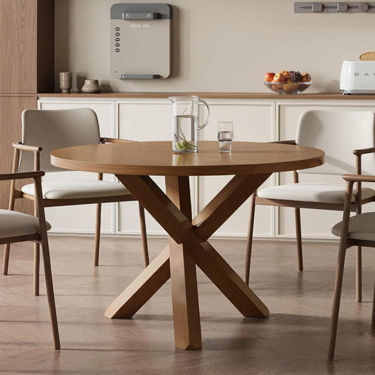 Acanva 47" Small Round Dining Table for 4 Person, MDF Top and Sturdy Wood Base Structure, Modern Design for Kitchen, Compact Space & Apartment, Light Brown