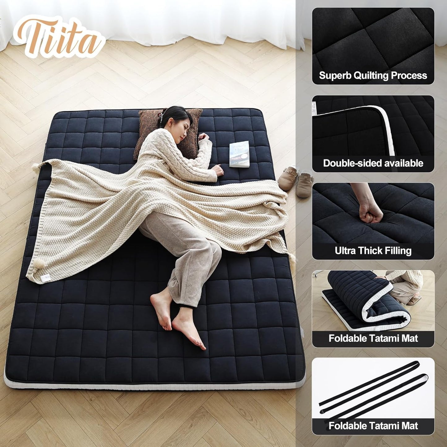 Tiita Japanese Floor Mattress, 4” Thicken Futon Mattress with Storage Bag and 2 Straps， Twin Size Sleeping Tatami Mat for Adults，Black