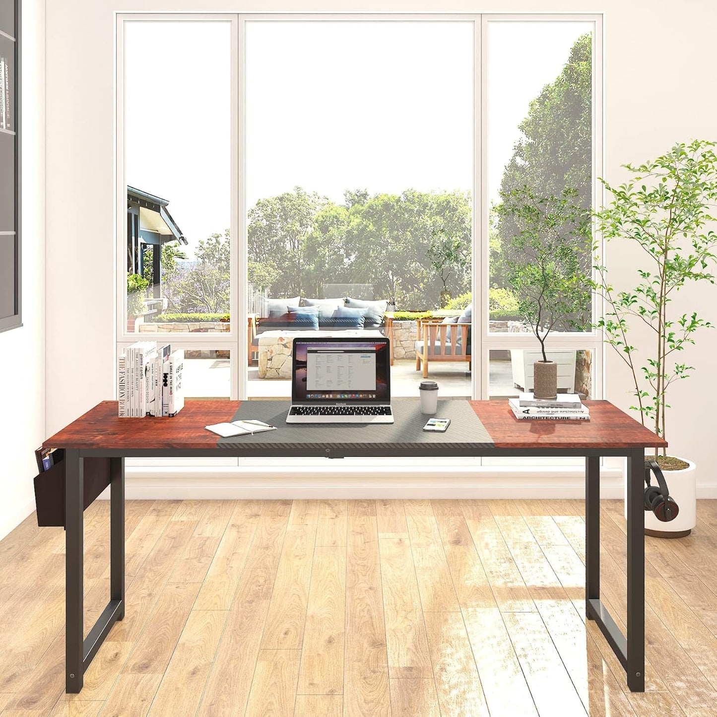 Decoholic 71Inch Home Office Computer Two-Color Panel Desk with Storage Bag and Hook, Black, Sandalwood Color, Industrial Modern Laptop Desk