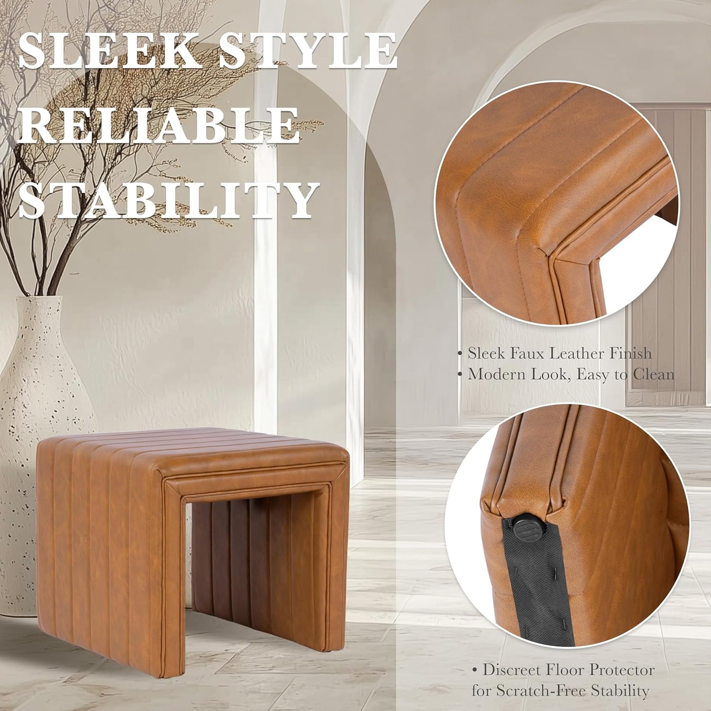 HomePop Modern Channel Tufted Faux Leather Ottoman Home Décor|Ottoman for Living Room & Bedroom - Carmel Brown