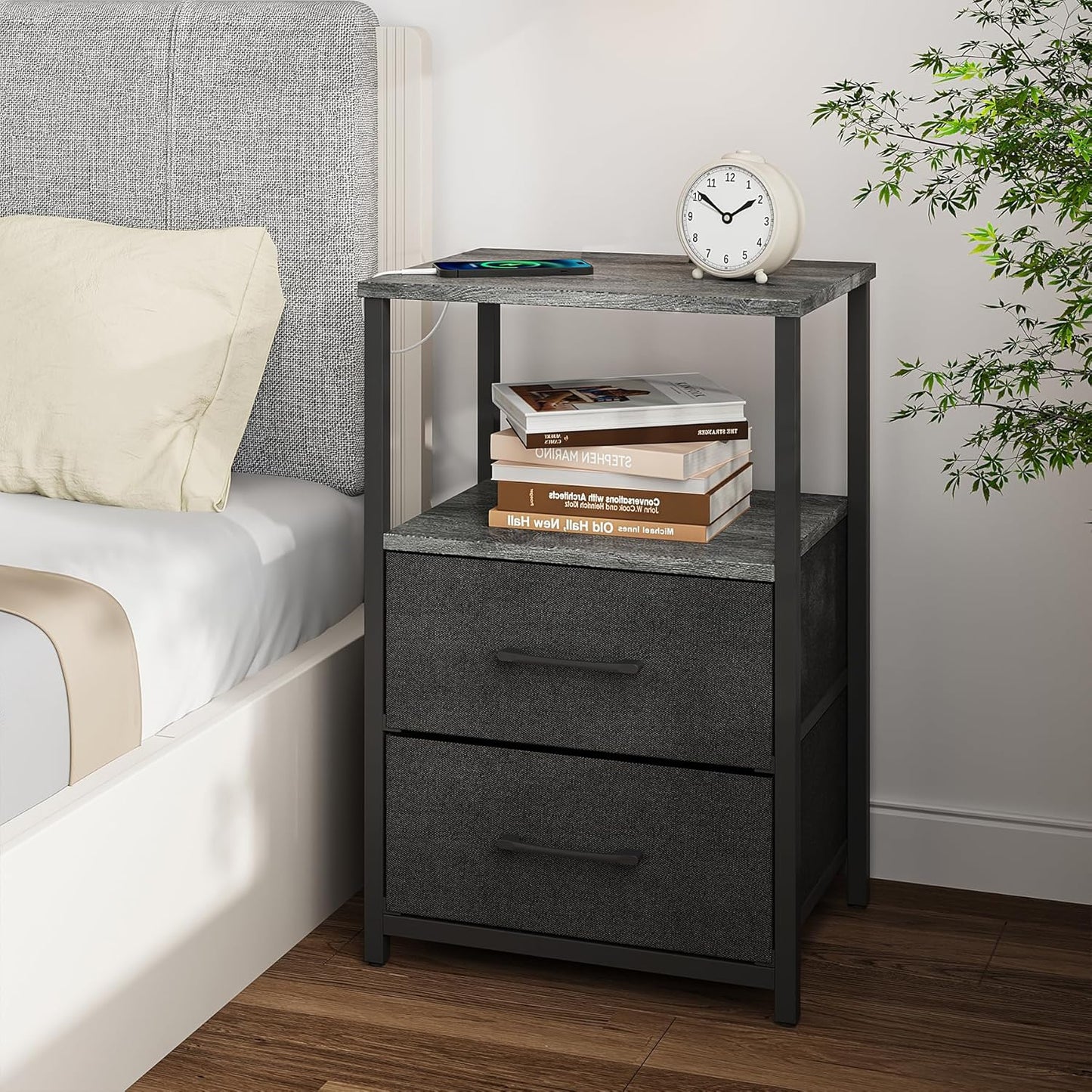 TUTOTAK End Table, Night Stand, Side Table, Nightstand with Cloth Drawer, Bedside Table for Livingroom, Bed Room, Charcoal Grey TB01BY087