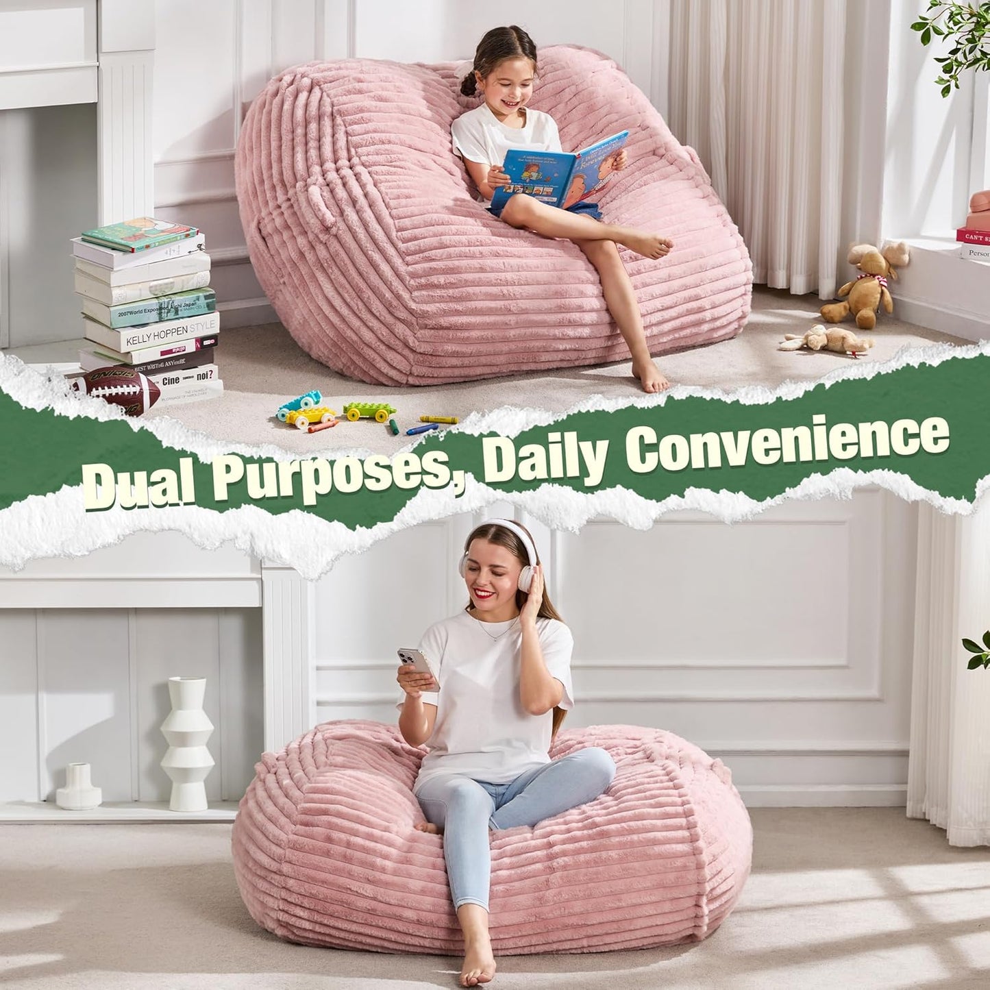 Hobestluk 3FT Bean Bag Chairs Adult Bean Bag with Portable Handle Comfy Large Bean Bag Chair with Removable Cover for Living Room Bedroom or Reading Nook (Stripe Pink, 3FT)