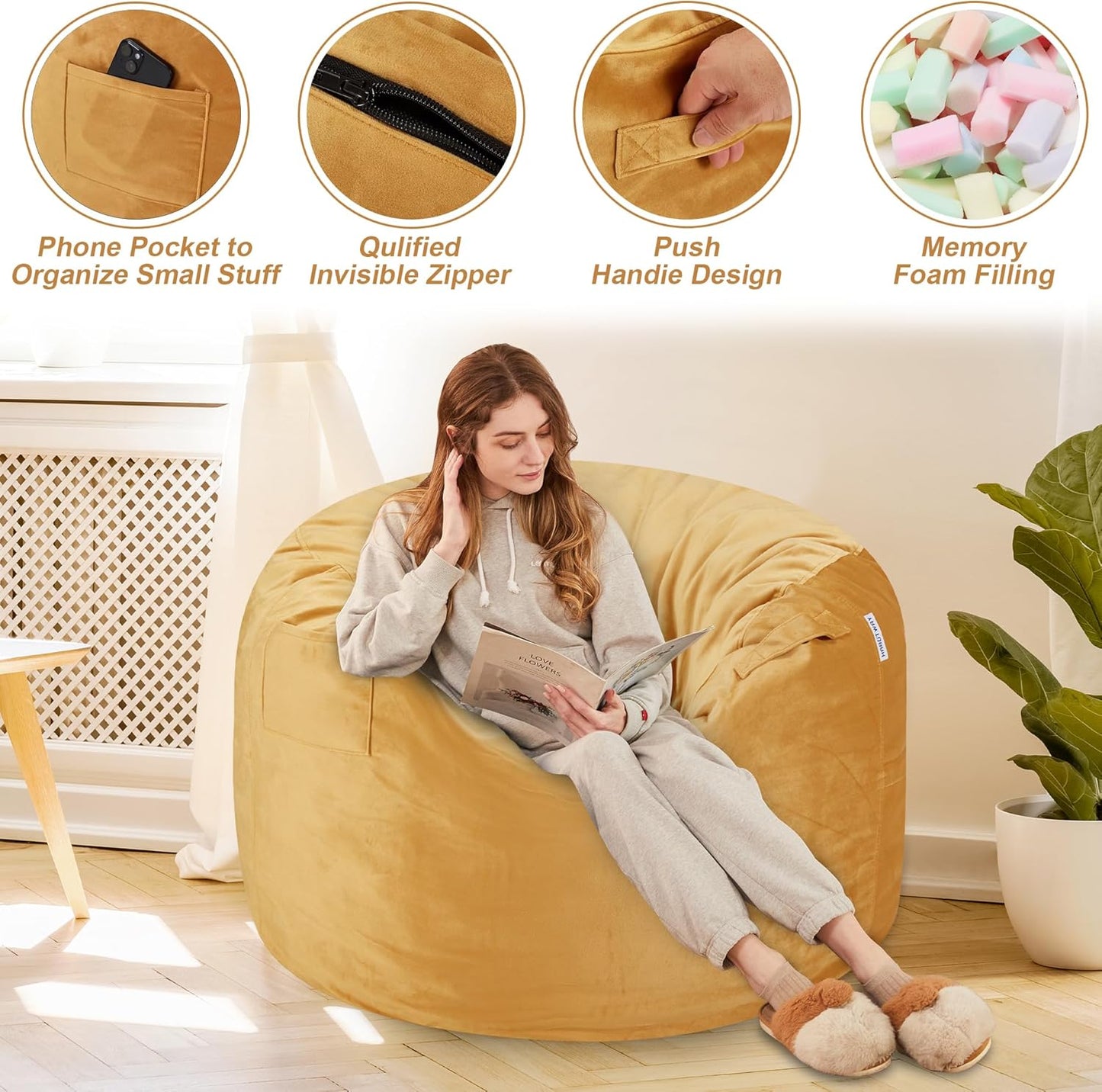 HABUTWAY Bean Bag Chair 3Ft Luxurious Velvet Ultra Soft Fur with High Rebound Memory Foam Bean Bag Chairs for Adults Plush Lazy Sofa with Fluffy Removable Sponge 3' (Mustard)