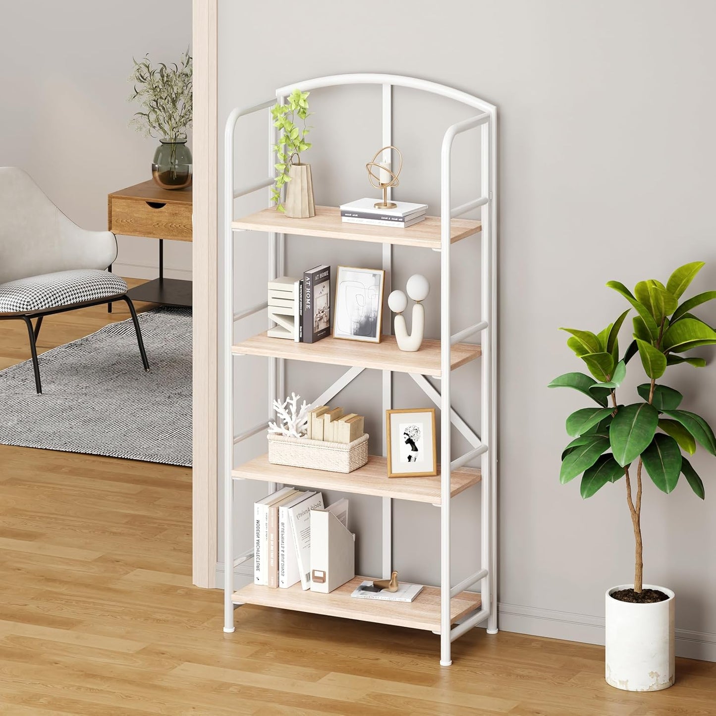 No-Assembly Folding Bookshelf Storage Shelves 4 Tiers Vintage Multifunctional Plant Stand Storage Rack Shelves Bookcase for Home Office