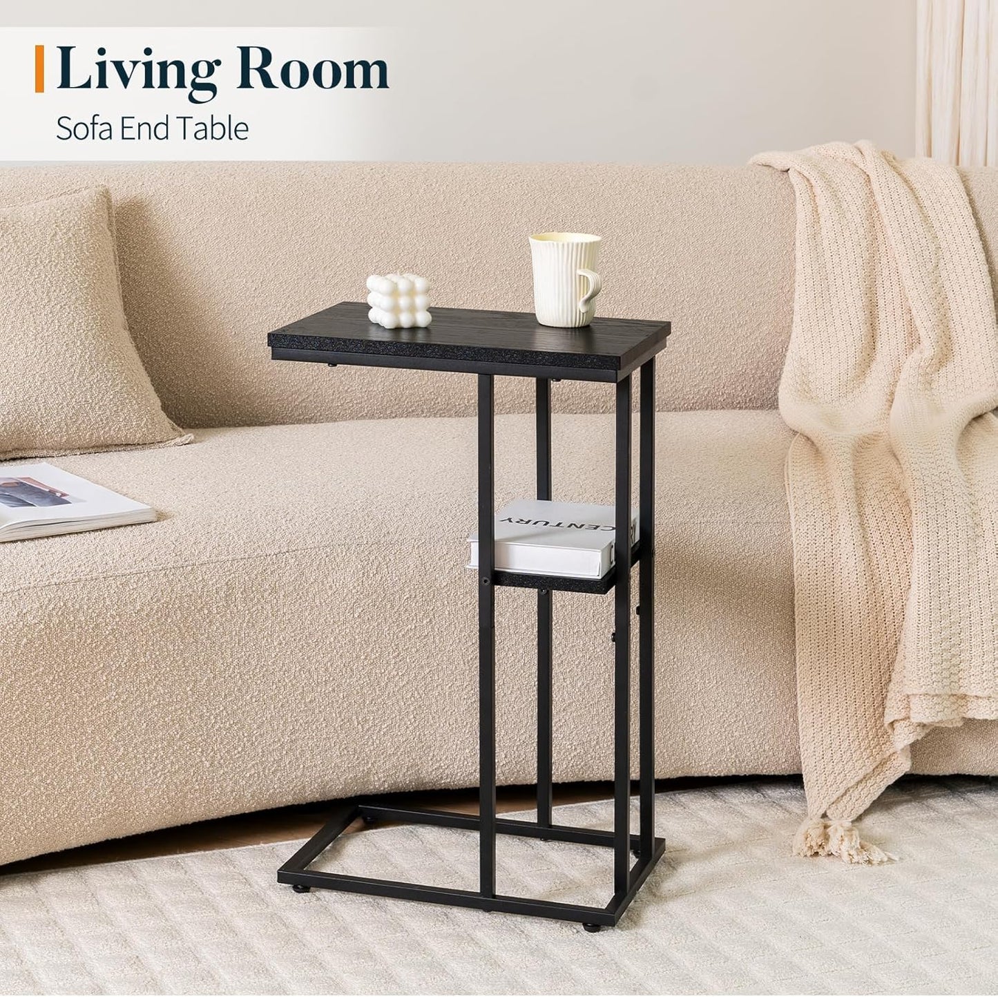 Yoobure C Shaped End Table, Side Table for Couch and Bed, Small Side Table for Small Spaces, Living Room, Bedroom, Rustic Snack Table