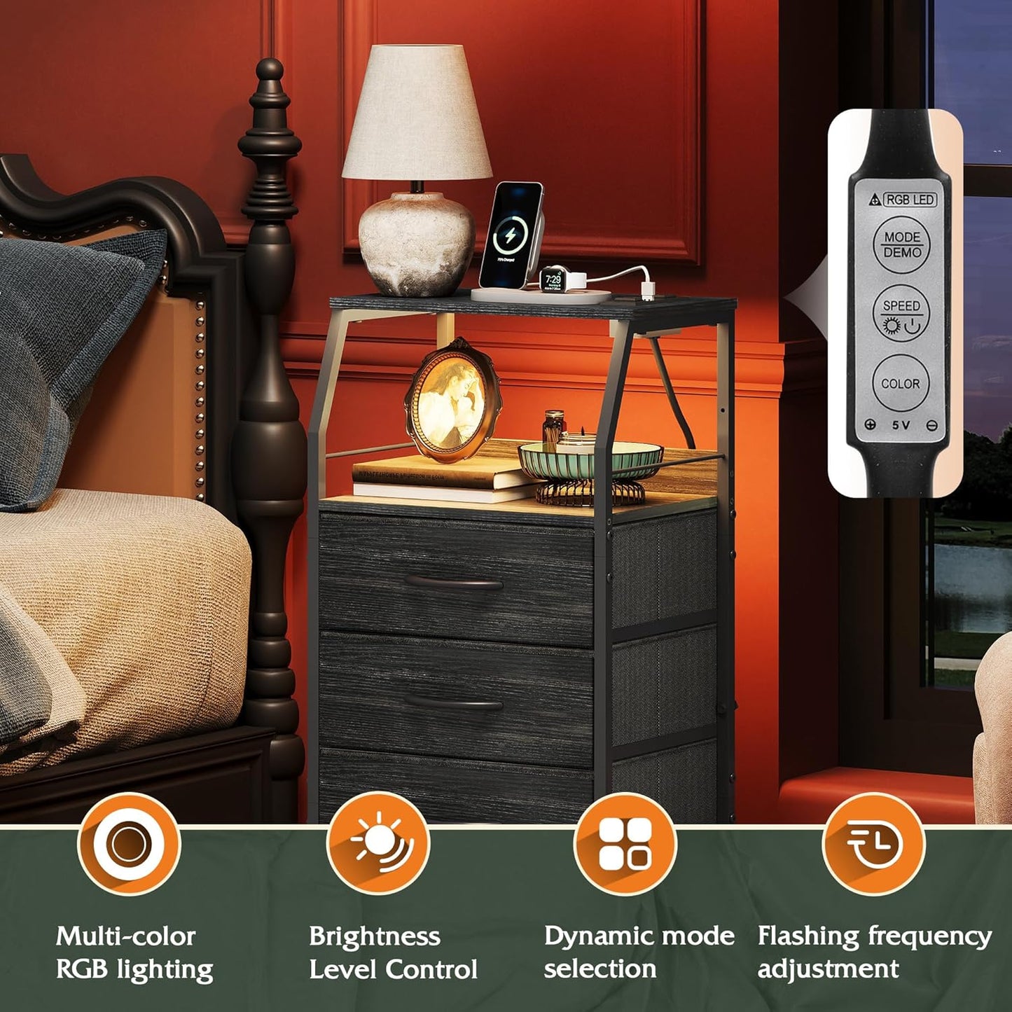 WLIVE Night Stand Set of 2 with Charging Station, Nightstand with LED Light and 4 Storage Fabric Drawers, Tall Dressers for Bedroom, Bedside Tables, Wood Shelf, Metal Frame, Black and Wood Grain Print