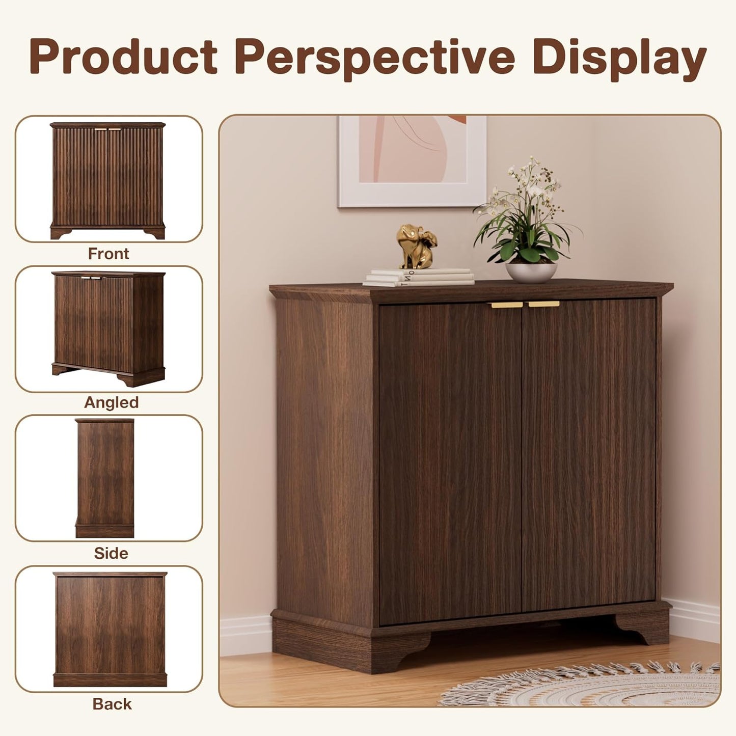 Fluted Buffet Sideboard Cabinet with Storage, 62" Coffee Bar Cabinet Credenza with Shelves, Console Table for Entryway Kitchen, Walnut