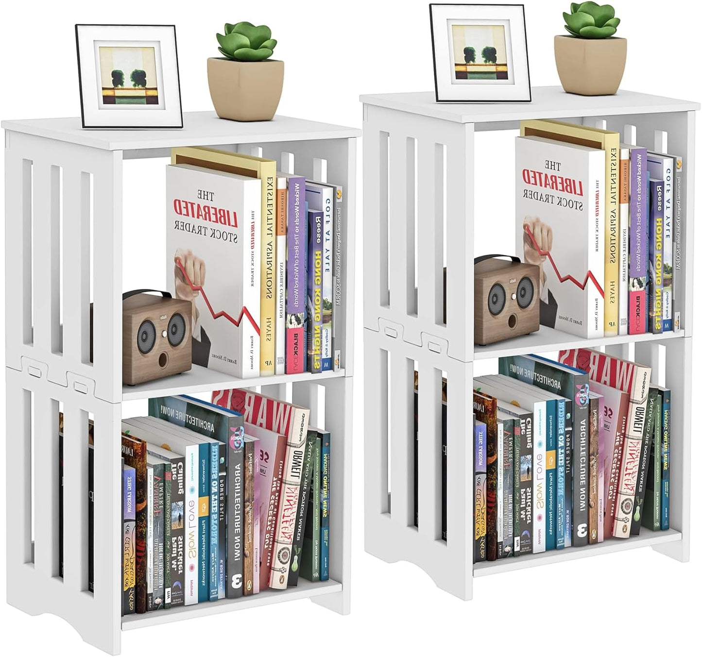 3-Tier End Table Night Stand Set of 2, White Side Table Small Bookshelf Bedside Table for Bedroom, Living Room, Office, Bathroom