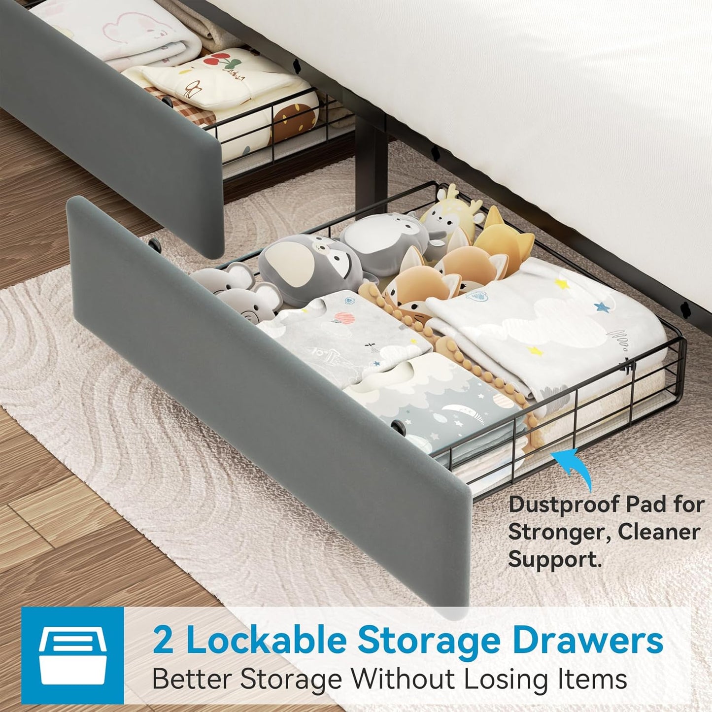 Full Upholstered LED Bed Frame with 2 Storage Drawers and 2-Tier Storage Headboard, Velvet Platform Bed with Charging Station & Bookcase, Corner Bed Frame, Heavy Duty Metal Support, Grey