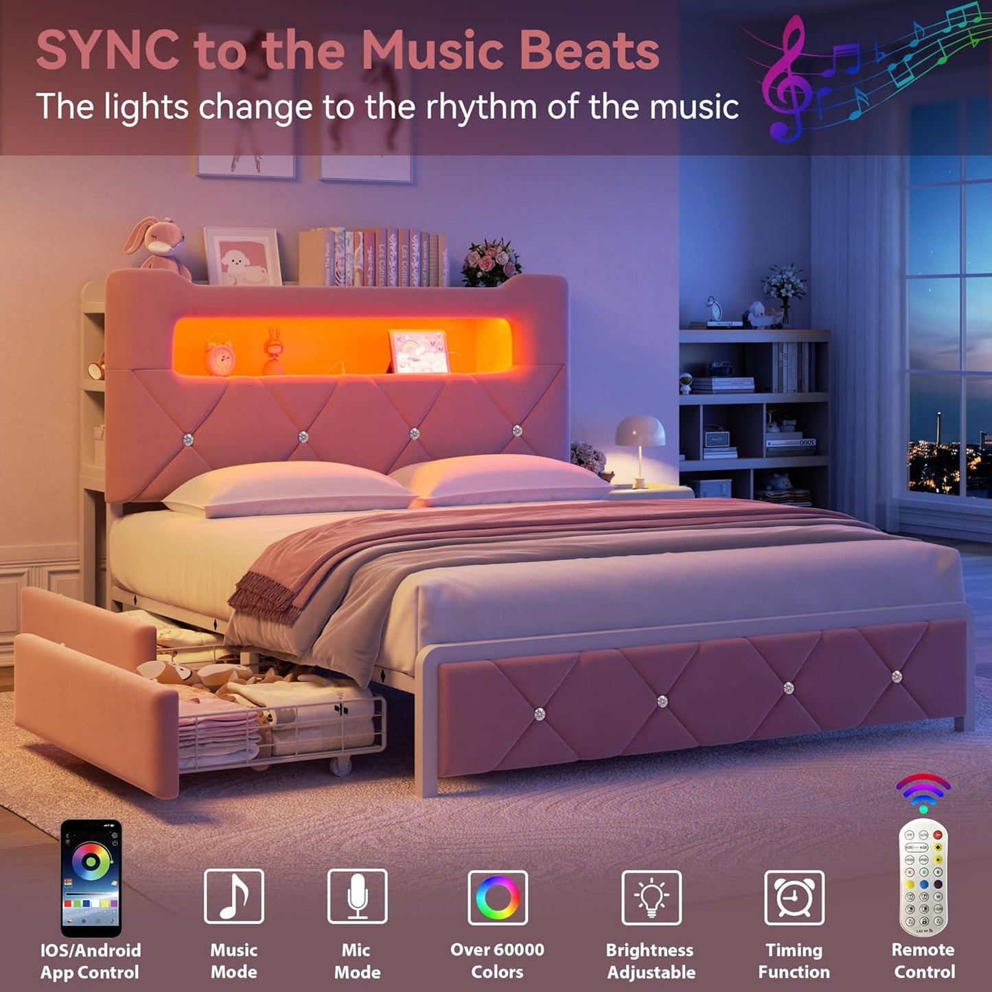 Queen Upholstered LED Bed Frame with 2 Storage Drawers and 2-Tier Storage Headboard,Velvet Princess Platform Bed with Charging Station & Bookcase, Corner Bed Frame, Heavy Duty Metal Support, Pink