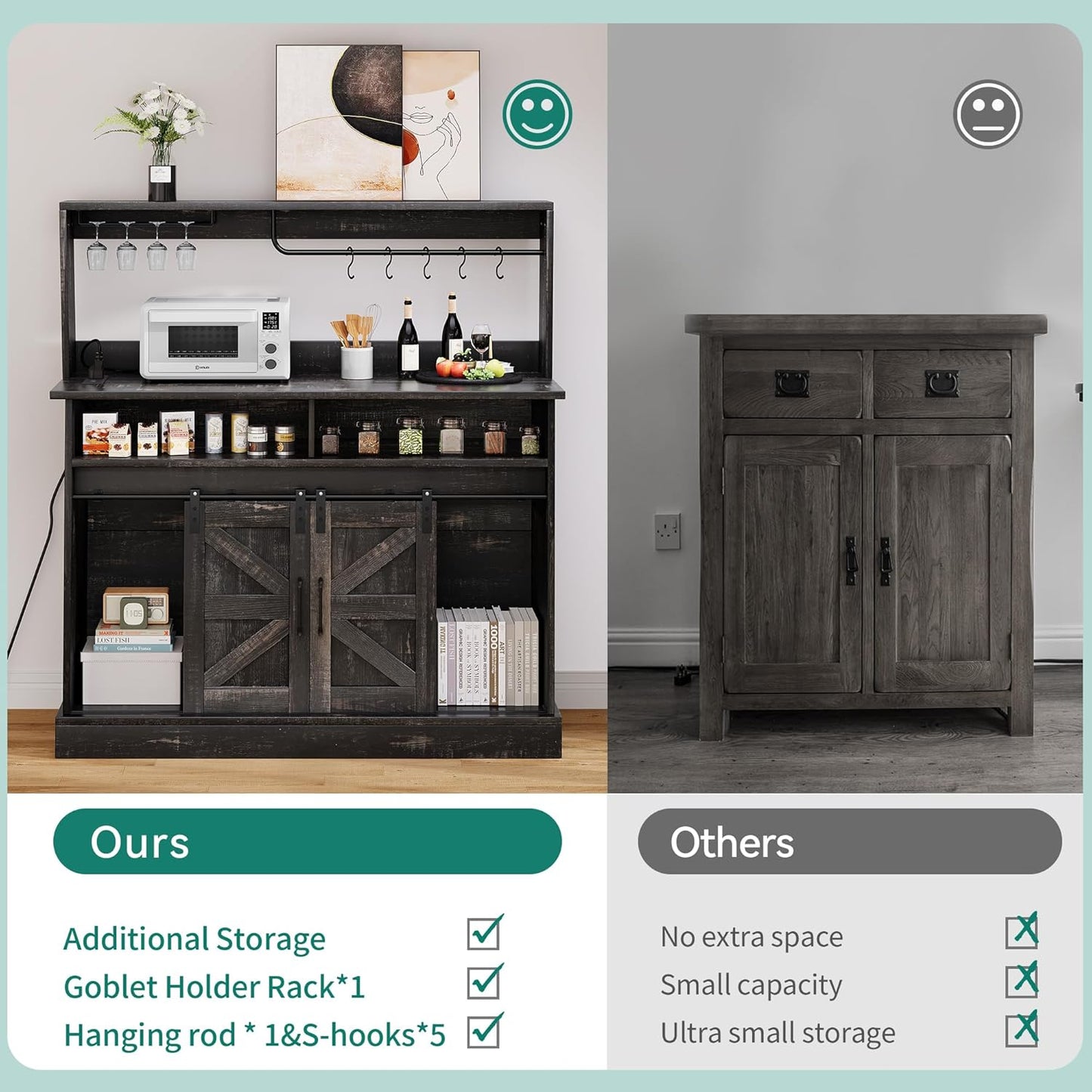 YITAHOME Buffet Cabinets with Upper Rack, Farmhouse Coffee Bar Cabinet with Power Outlet & Goblet Holder, 47 Inch Sideboard Cabinets with Sliding Barn Door for Kitchen, Living Room (Dark Rustic Oak)