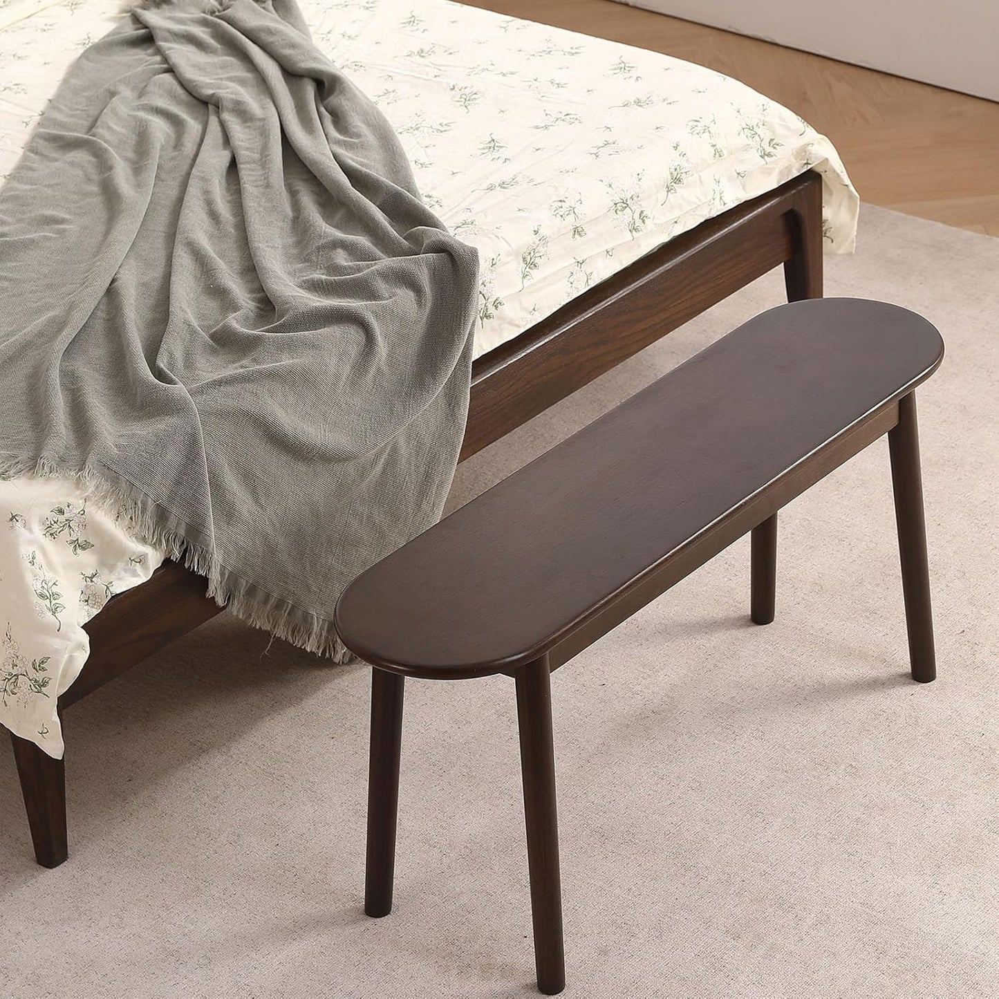 Walnut Solid Wood Bench, 47.3" L – Narrow Mid-Century Wooden Bench for Entryway, Kitchen, Dining, Bedroom & Shoe Storage