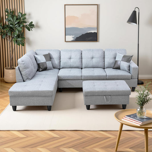 L Shaped Couch Modern Sectional Couch Upholstered Linen Fabric 3 Pieces Sofas for Living Room with Chaise, Storage Ottoman for Office and Small Apartment, Grey