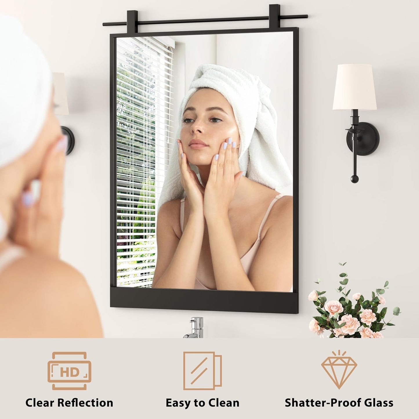 24x36 Inch Rectangle Bathroom Vanity Mirror for Wall Mounted Over Sink Farmhouse Rustic Matte Black Frame Barn Door Mirrors Foyer Entryway Decor