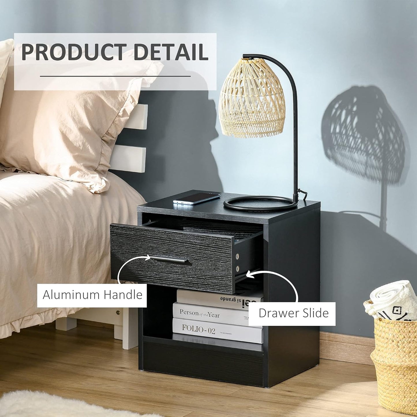 HOMCOM Modern Accent End Table with Drawer and Storage Shelf, Sofa Side Table for Living Room, Black Wood Grain