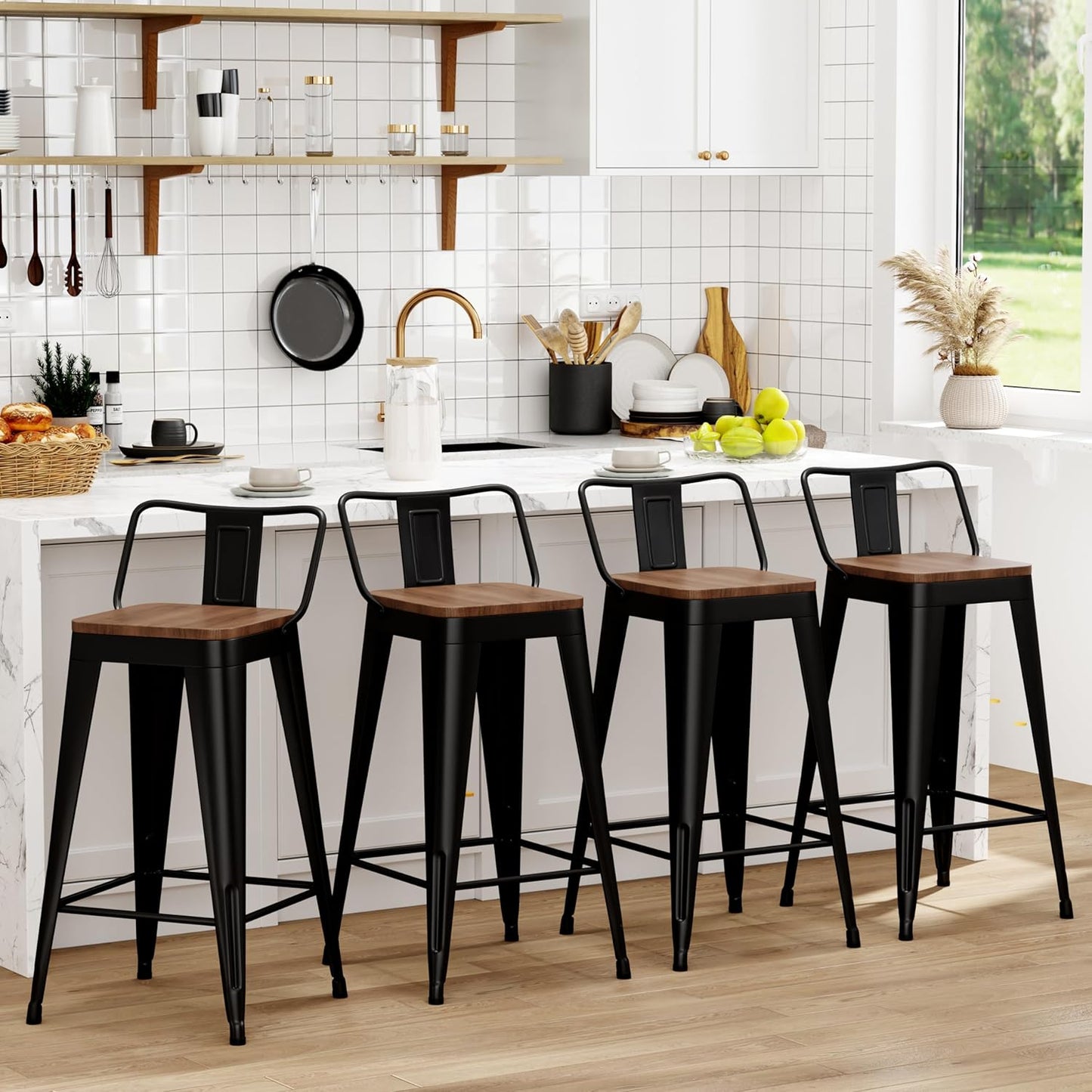 WENTMENT Metal Bar Stools Set of 4 Counter Height Barstools with Removable Back 26" Kitchen Bar Stools with Wooden Seat, Black
