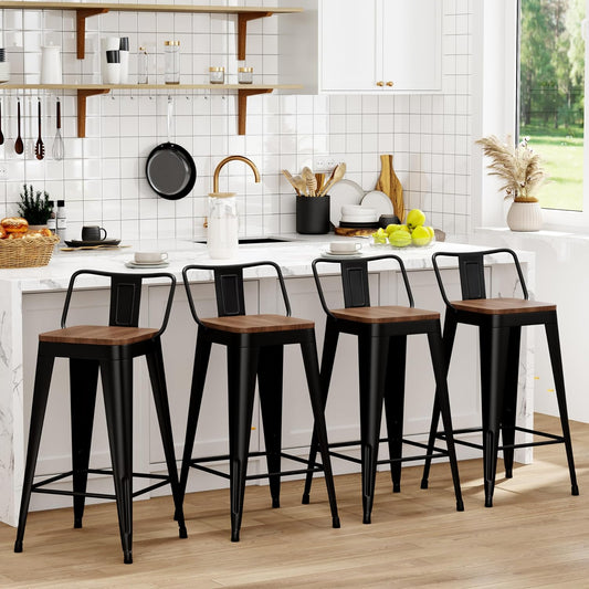 WENTMENT Bar Stools Set of 4 Counter Height Metal Barstools with Removable Back 30" Kitchen Bar Stools with Wooden Seat, Black