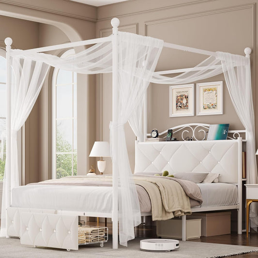 Full Upholstered Canopy Bed Frame with 2 Drawers & Crystal Tufted Storage Headboard Metal Platform Bed with Charging Station & 4 Removable Posts No Box Spring Needed Curtain Not Included, Beige