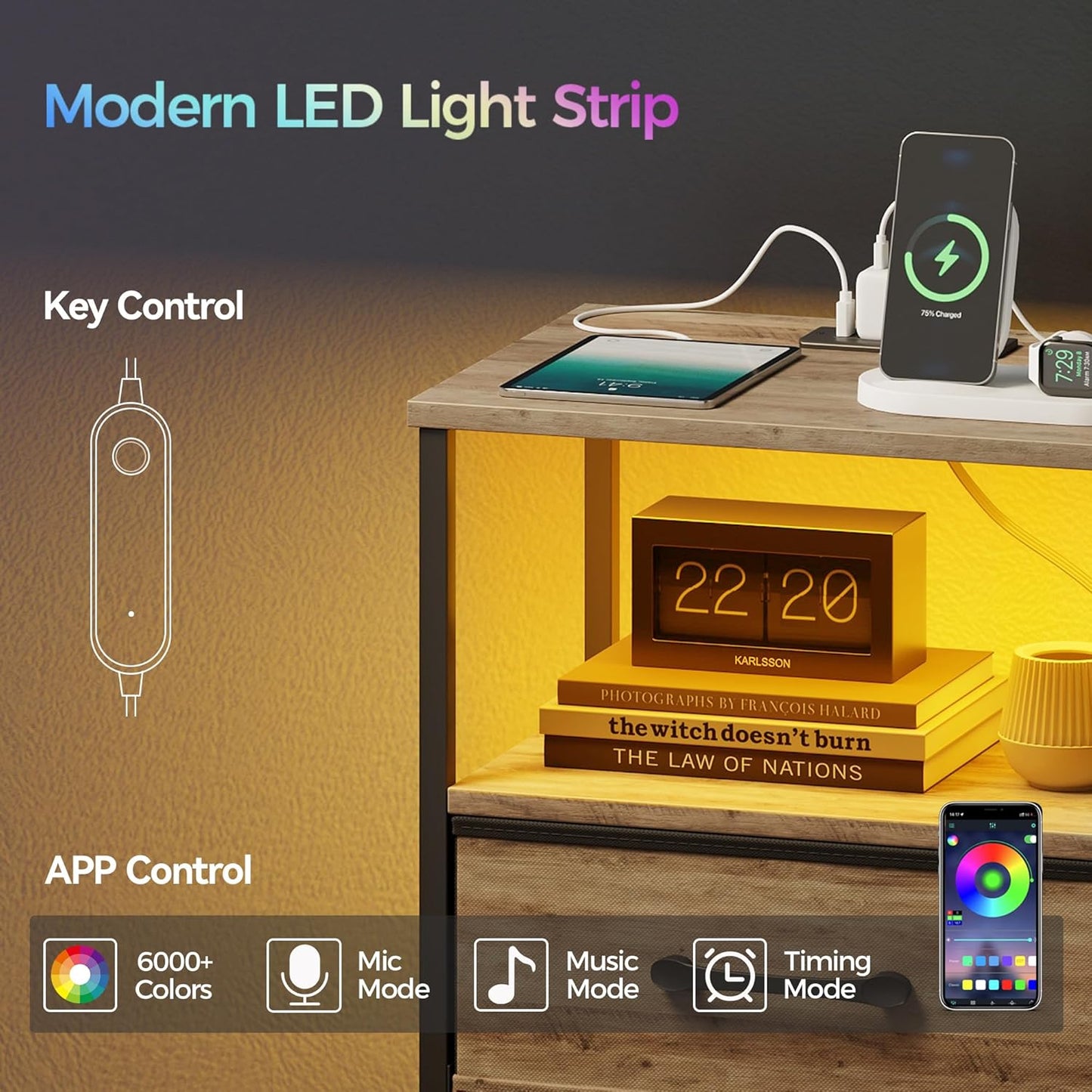 Nightstands Set of 2, Night Stand with Charging Station and Led Lights, Bedside Table with 2 Fabric Drawers for Bedroom, Small Side End Table with Open Shelf, Greige