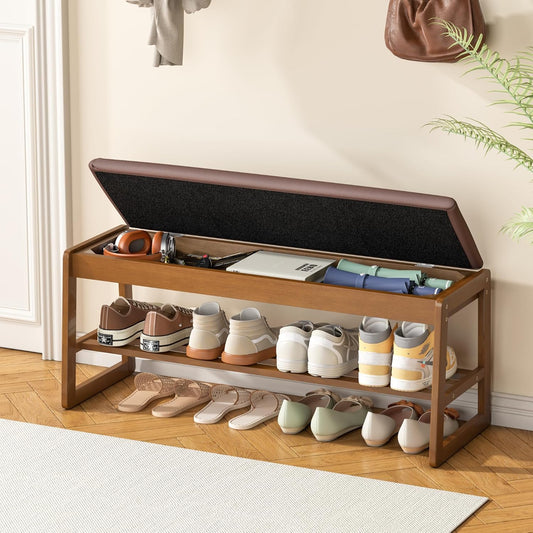 Shoe Storage Bench with Cushion - 2-Tier Shoe Rack Entryway Bench with Flip-Top Storage, Walnut Wooden Shoes Benches Organizer for Entryway, Hallway, Living Room, Bedroom, Closet(Walnut, 39.4" W)