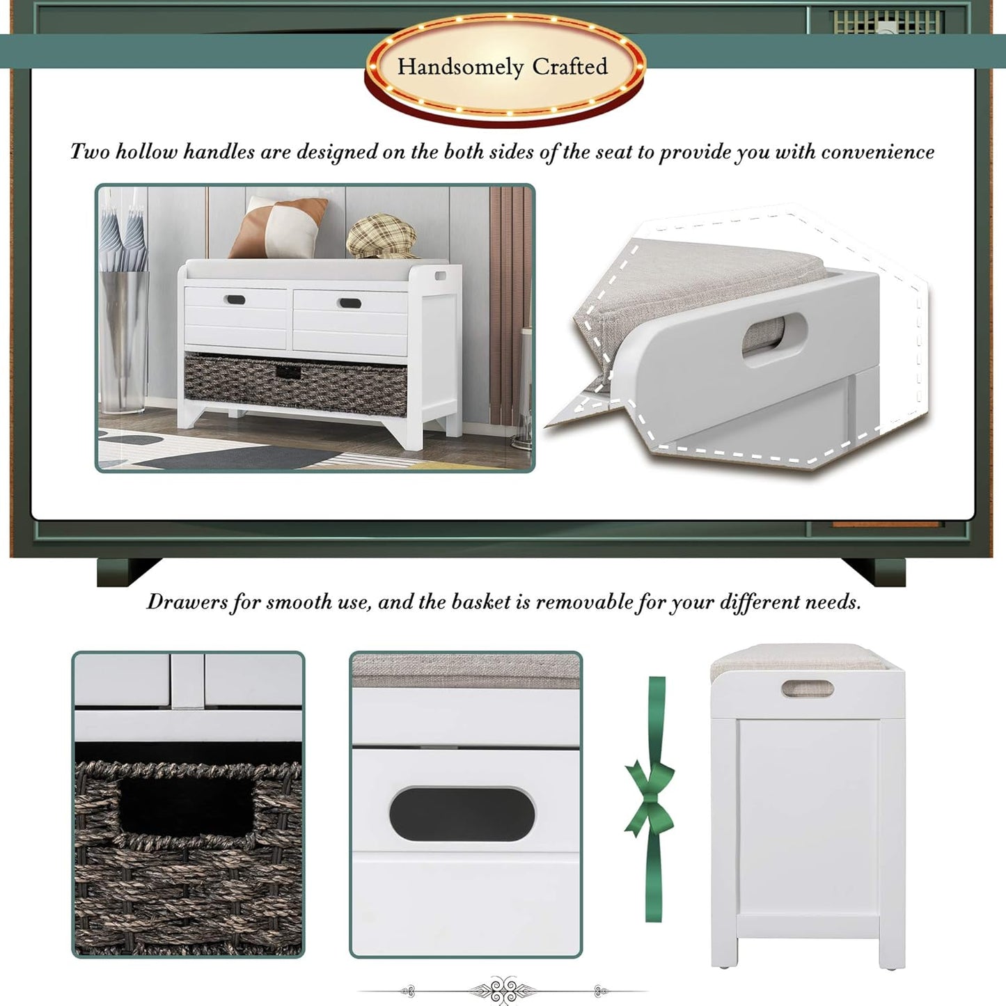 Merax White Classic Wood Entryway Bench with 2 Drawers, Large Rattan Basket and Removeable Seat Cushion for Hallway Front Door, Type 5