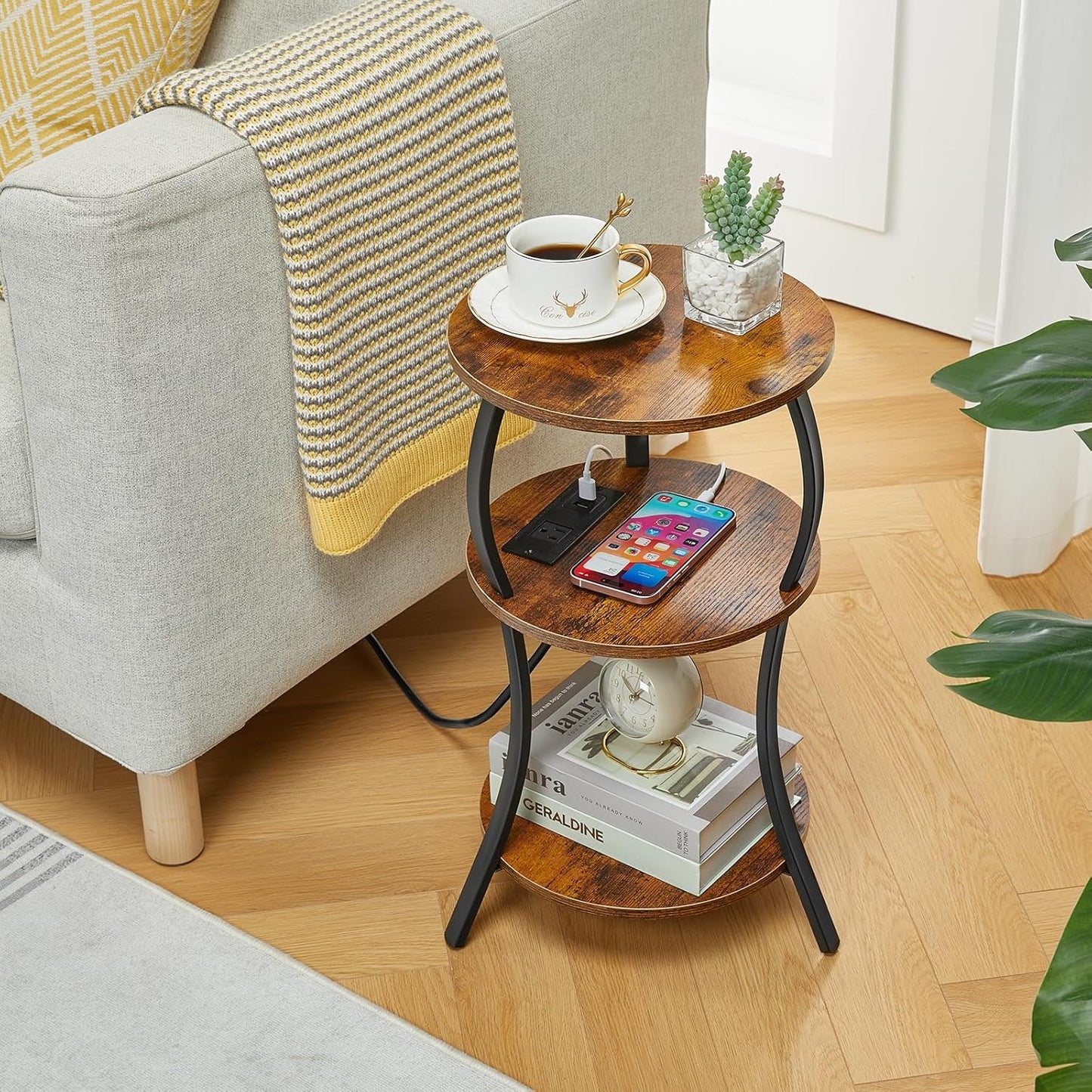 Small Round Side Table with Charging Station, 3-Tier Waist Circular End Table with Storage Shelf, Compact Tea Sofa Side Table Small Spaces, Round Corner Coffee Table for Living Room Bedroon,Brown