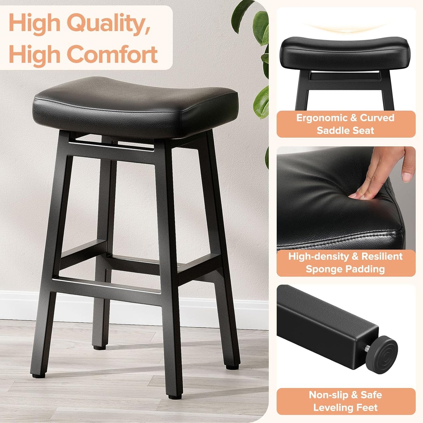 29 Inches Bar Stools Set of 2, Bar Height Barstools for Home Counter, Blackless Barstool with Bonded Leather Saddle Seats & Heavy Duty Metal Legs, Easy Assembly, All Black