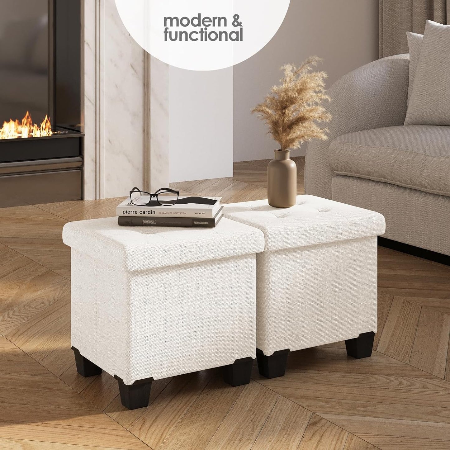 STORAGEBUD Storage Ottoman Cube with Small Bin, 16-in Square Ottoman with Storage for Living Room and Bedroom, Small Ottomans Foot Rest, Fabric Foot Stools Ottomans Max 330lbs, Cream