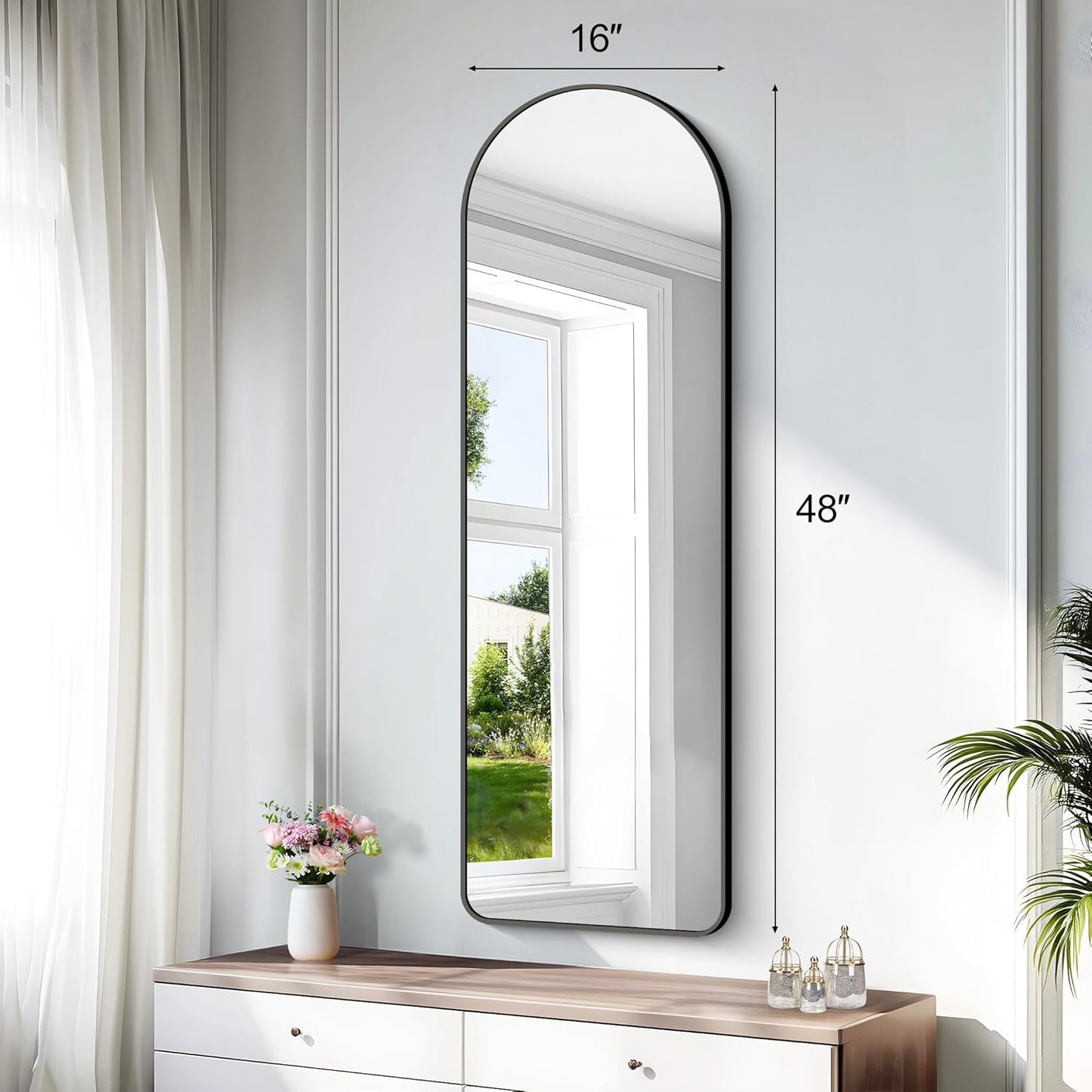 Arched Bathroom Mirror, 16"x48" Black Arched Mirror for Bathroom, Wall Mounted Mirror, Gold Vanity Wall Mirror w/Metal Frame for Bedroom, Entryway, Living Room, Vertically Hanging