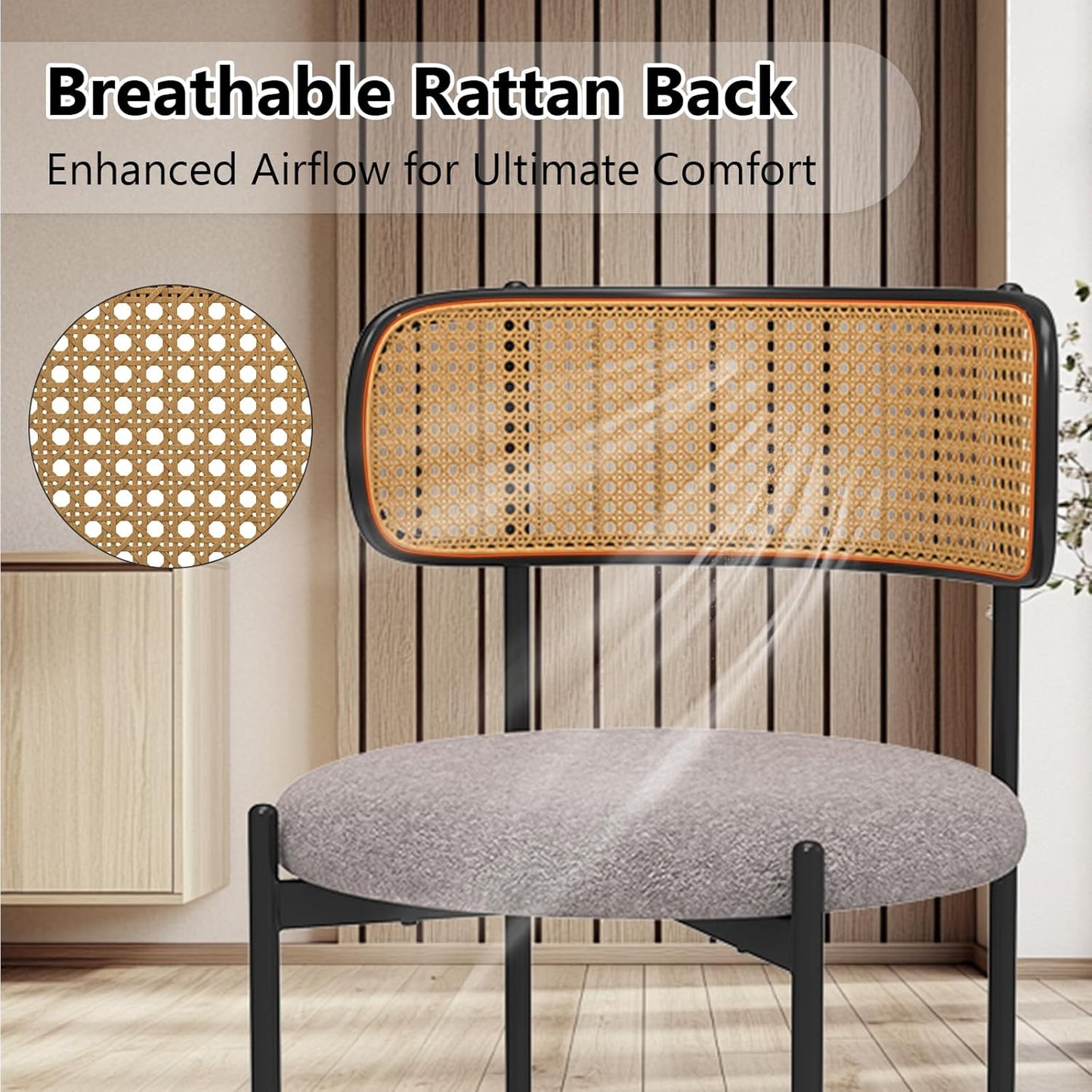 Mid Century Modern Dining Chairs Set of 2 with Rattan Backrest,Velvet Upholstered Accent Kitchen & Dining Room Chairs with Sturdy Metal Frame,Gray