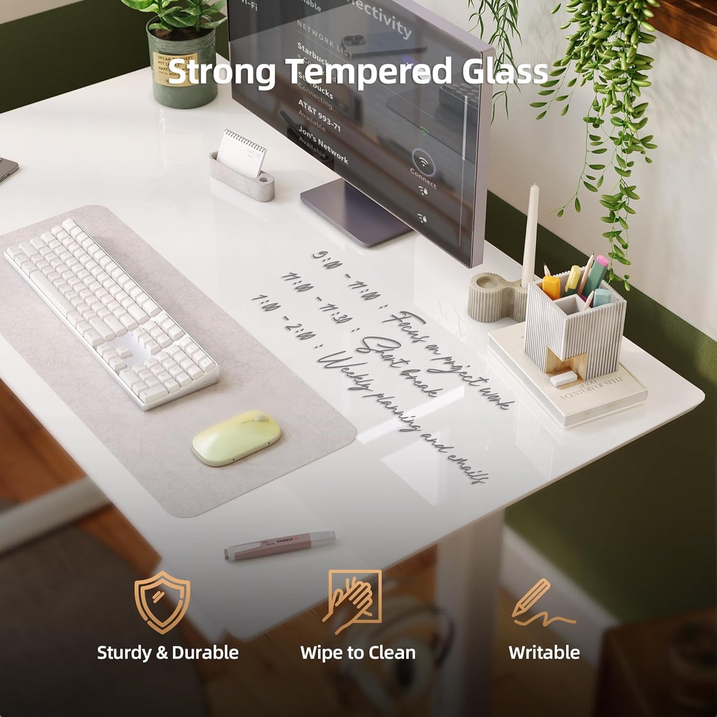 INNOVAR Glass Standing Desk with Drawers, 48×24 Inch Adjustable Stand Up Desk Quick Install Home Office Computer Desk, White