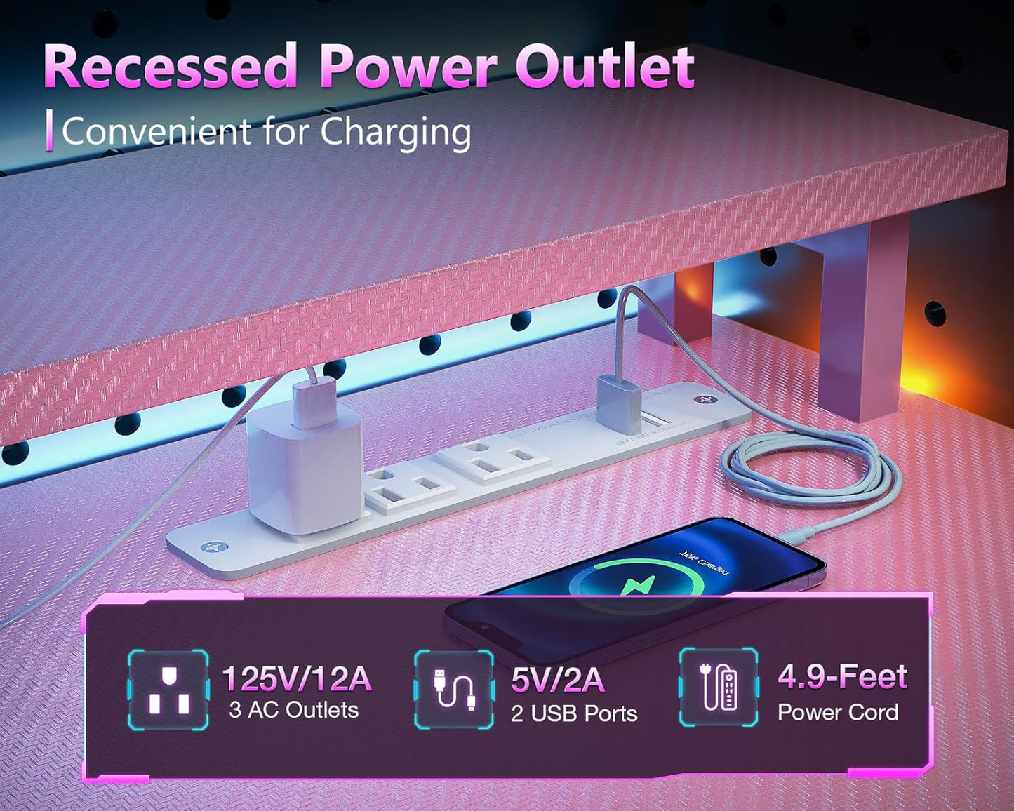 AODK 52 Inch Gaming Desk with USB Charging Ports & LED Light- Reversible Computer Desk with Storage Shelves & Monitor Stand, Modern Gamer Desk Table with Fabric Drawers & Side Hook, Carbon Fiber Pink