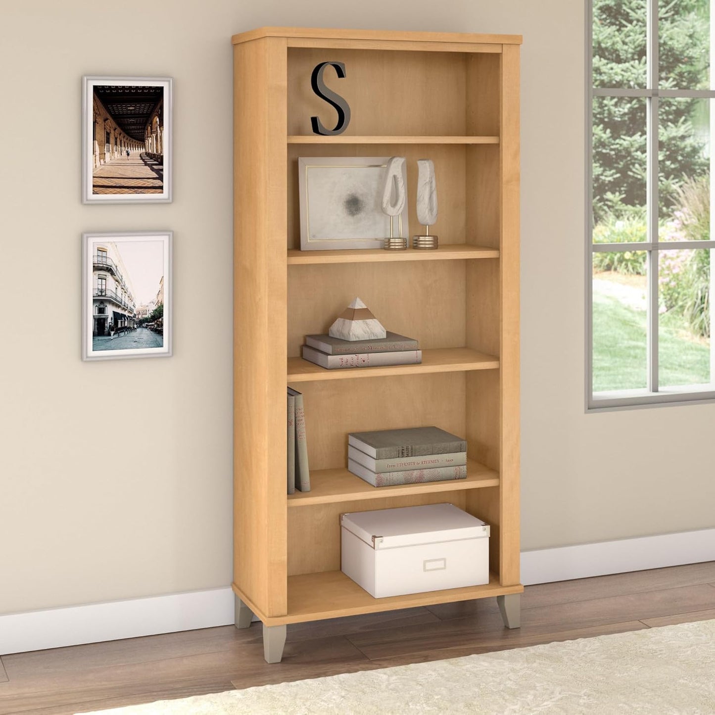 Bush Furniture WC81465 Bookcase, Bookshelf, Large Book Living Room, Home Office, or Entryway, Tall 5 Shelf, Maple Cross