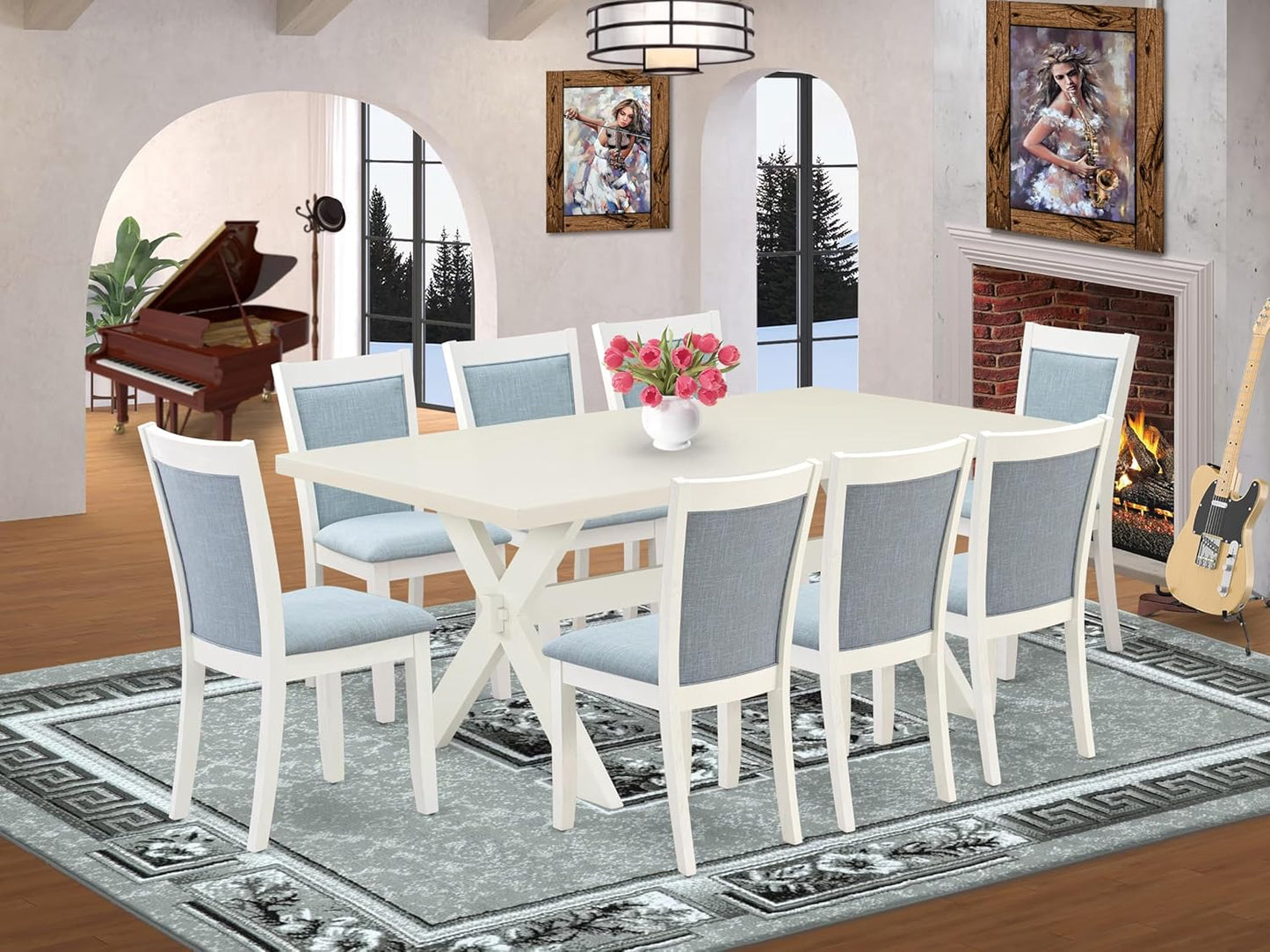 East West Furniture X027MZ015-9 9 Piece Dining Table Set Includes a Rectangle Dining Room Table with X-Legs and 8 Baby Blue Linen Fabric Upholstered Chairs, 40x72 Inch, Multi-Color