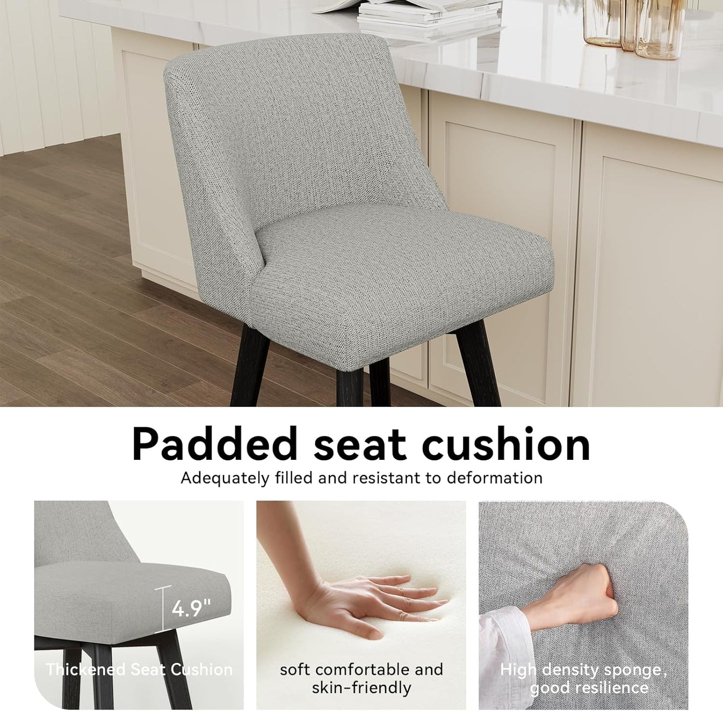 Vipbear Swivel Counter Height Bar Stools Set of 4,26.8" H Counter Stools with Back, Mid Century Modern Bar Stools for Kitchen Island,Linen Fabric,Wooden Base, Light Gray