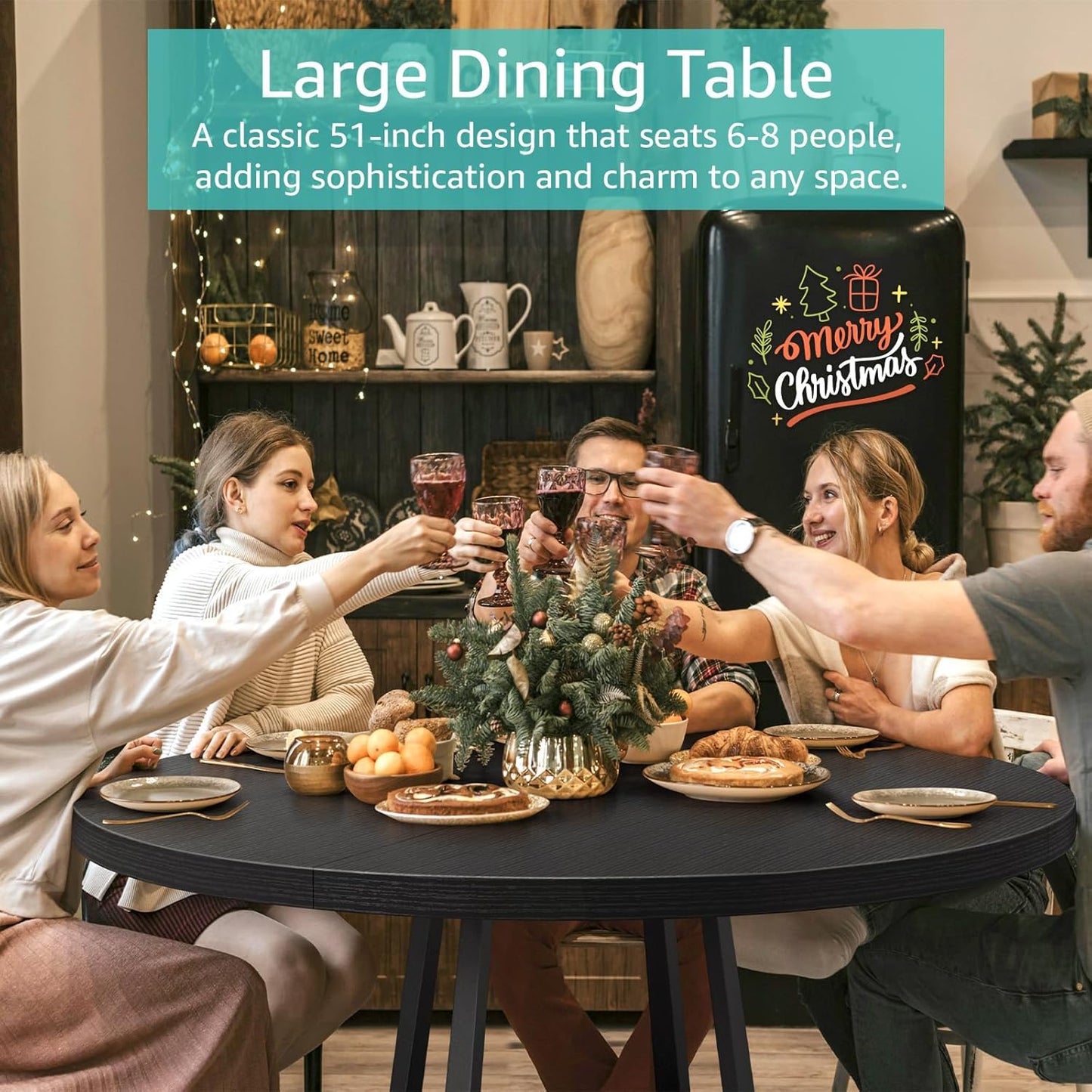 Black Round Dining Table for 6 - Modern Circle 51 Inch Large Room Kitchen Dinning Tables for 4 to 6 Person Seats Small Spaces Wood Dinner Mesa De Comedor Redonda