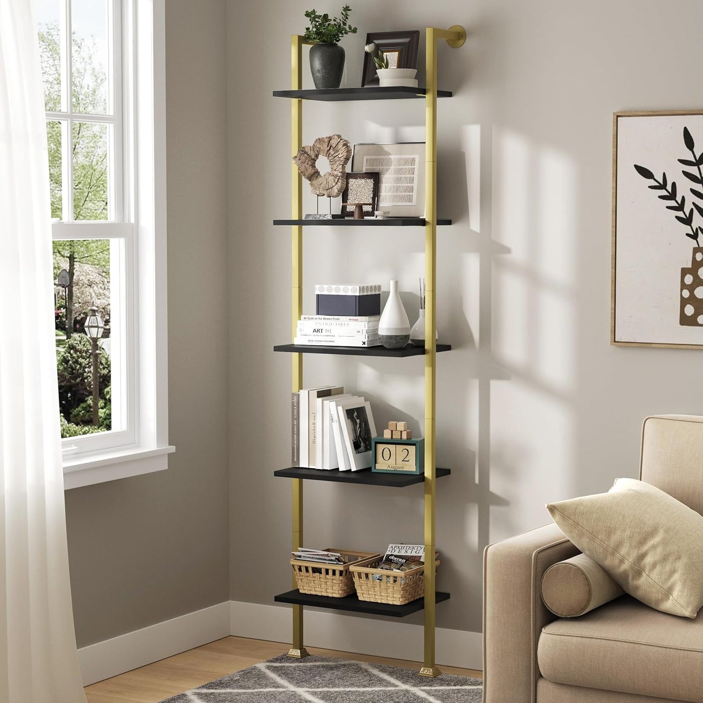 Axeman 5-Tier Ladder Bookcase, Tall Narrow Bookshelf for Small Spaces, Modern Book Storage Organizer Case Open Shelves for Bedroom, Living Room, Office, Library, Gold Metal Frame and Blakc Shelf