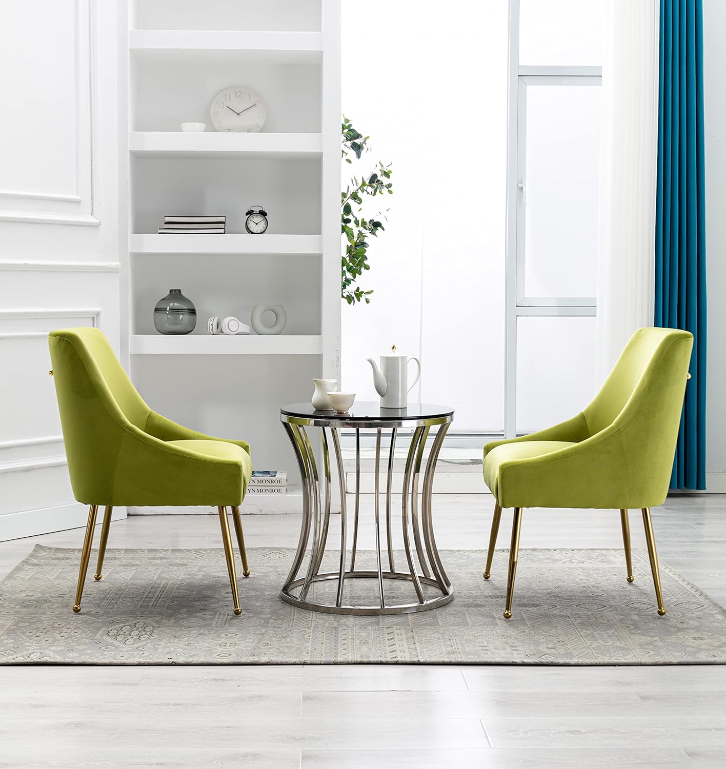 Velvet Dining Chairs, Furniture Collection Modern Contemporary Upholstered with Polished Gold Metal Legs, Set of 4(Yellow Green)