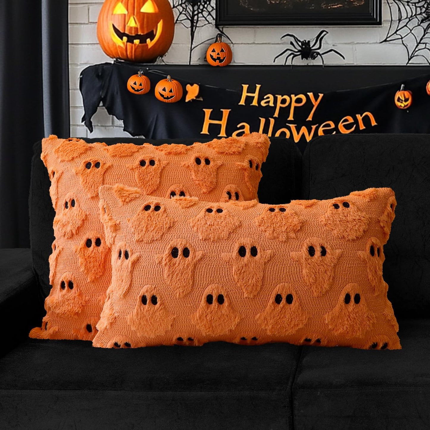 4TH Emotion Halloween Ghost Decorative Lumbar Pillow Covers 12x20 Set of 2, Orange Soft Plush Faux Fur Farmhouse Throw Cushion Cases for Fall Autumn Holiday Home Decorations
