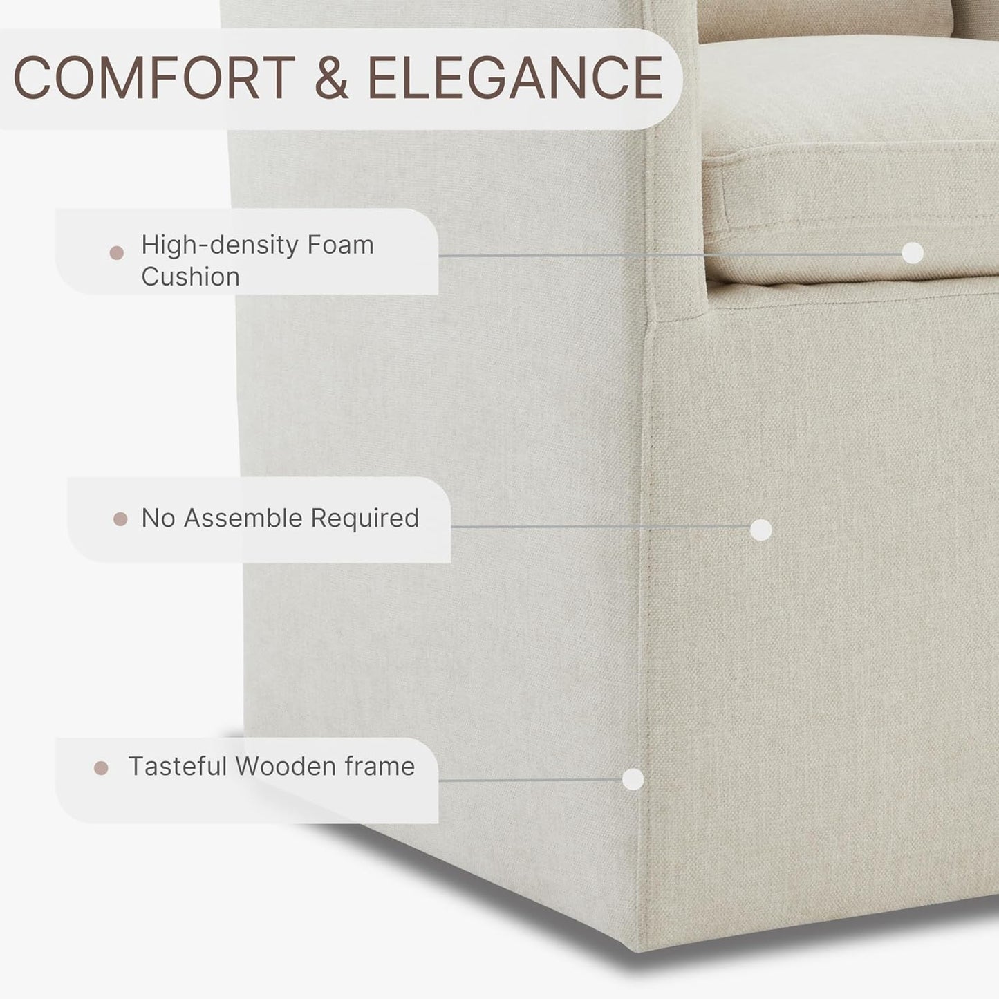 Upholstered Dining Chairs with Casters No Assembly Modern Accent Armchair with Rollers for Diningroom Bedroom Livingroom Reading Room,Cream,2 Boxs