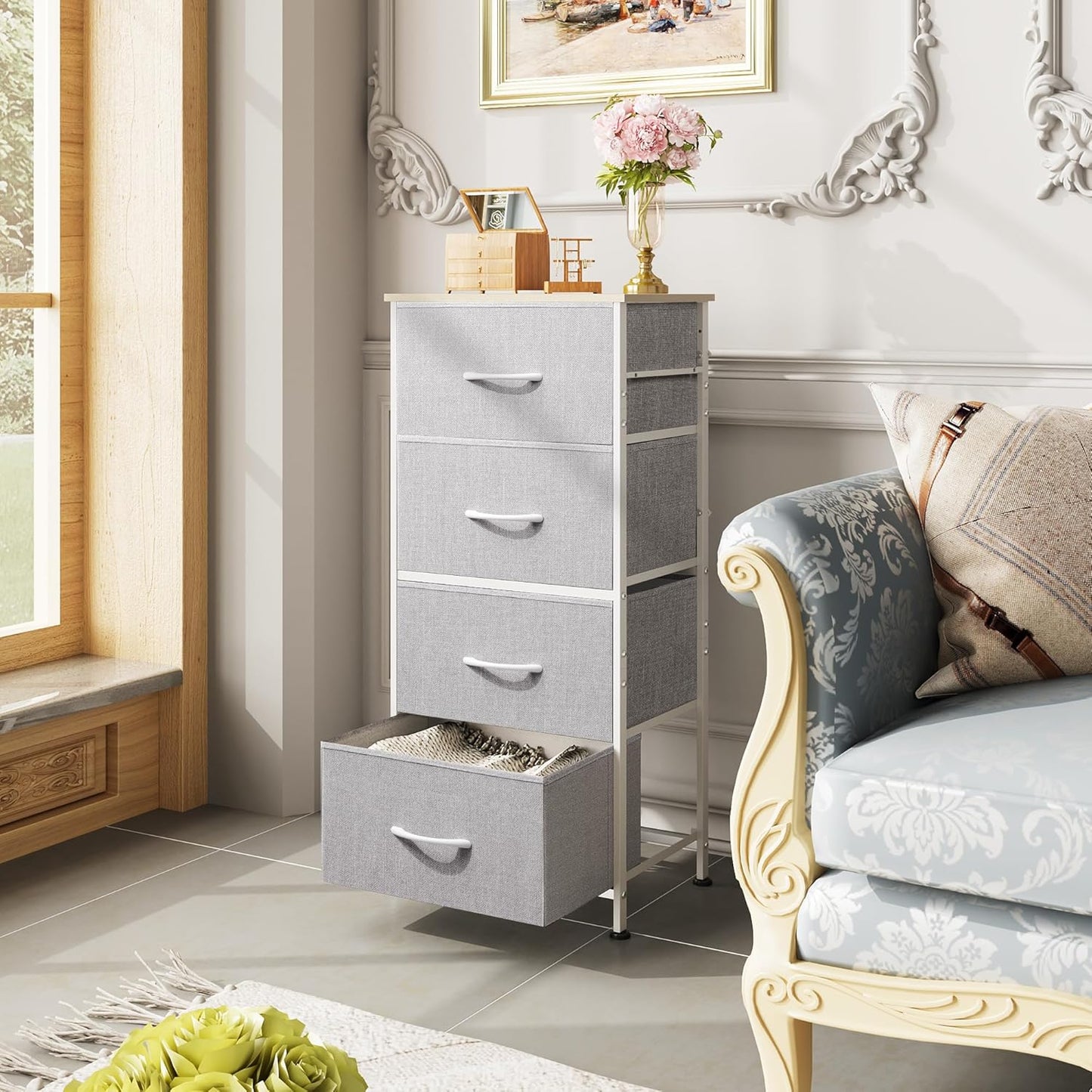 WLIVE 4 Drawers Dresser for Bedroom, Light Grey Fabric Clothes Storage Organizer Unit, Dresser for Hallway, Entryway, Closets, Sturdy Steel Frame, Wood Top