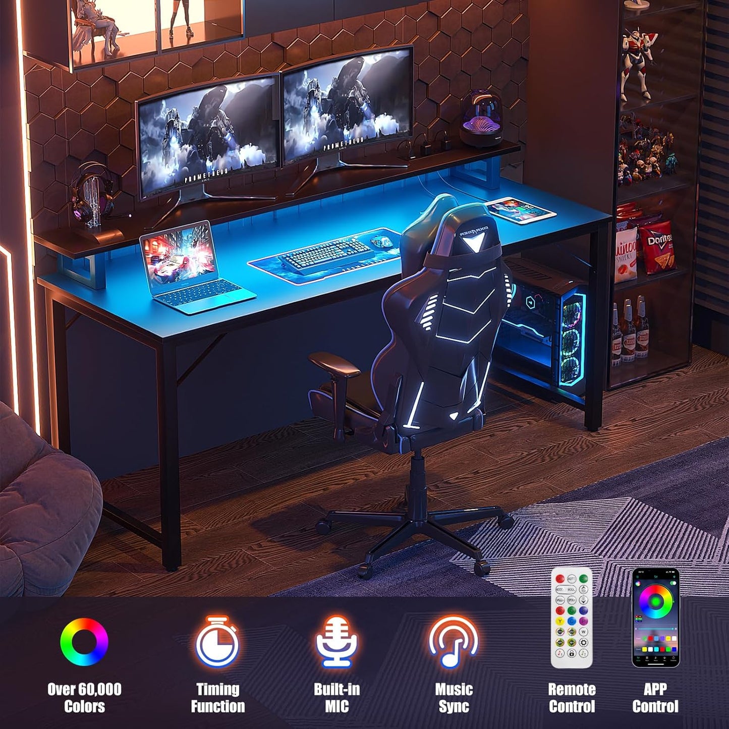 Computer Desk with USB Power Outlets and LED Lights,55 inch Gaming Desk with Monitor Stand for Small Space Home Office, Modern Simple Study Writing Table PC Desks, Black