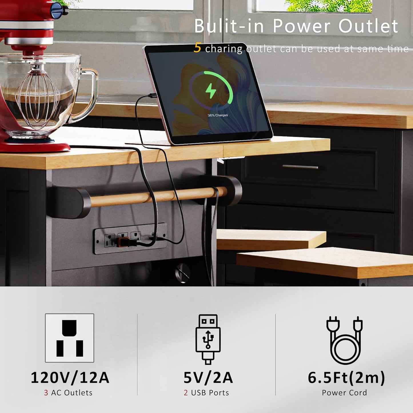 53" Large Kitchen Island with Drop Leaf,Power Outlet & Door Internal Storage Rack,Rolling Kitchen Cart on 5 Wheels W/ 5 Open Side Racks for Kitchen,Dining Room,Black(Not Include bar stools)