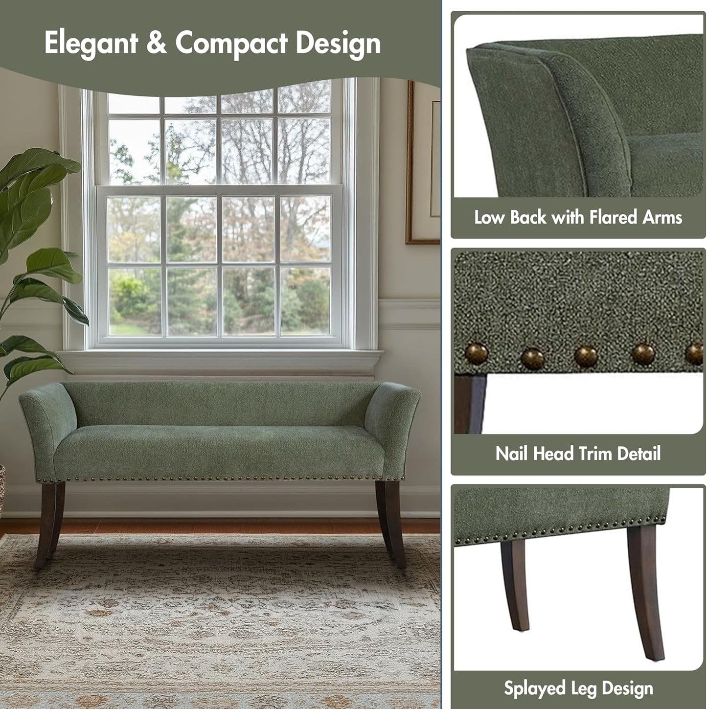 Madison Park Accent Bench, Plush Upholstered, Nailhead Trim, & Padded Seat Entryway Bench Small, End of Bed Bench with Back, 49.5" W x 19.25" D x 23" H, Green