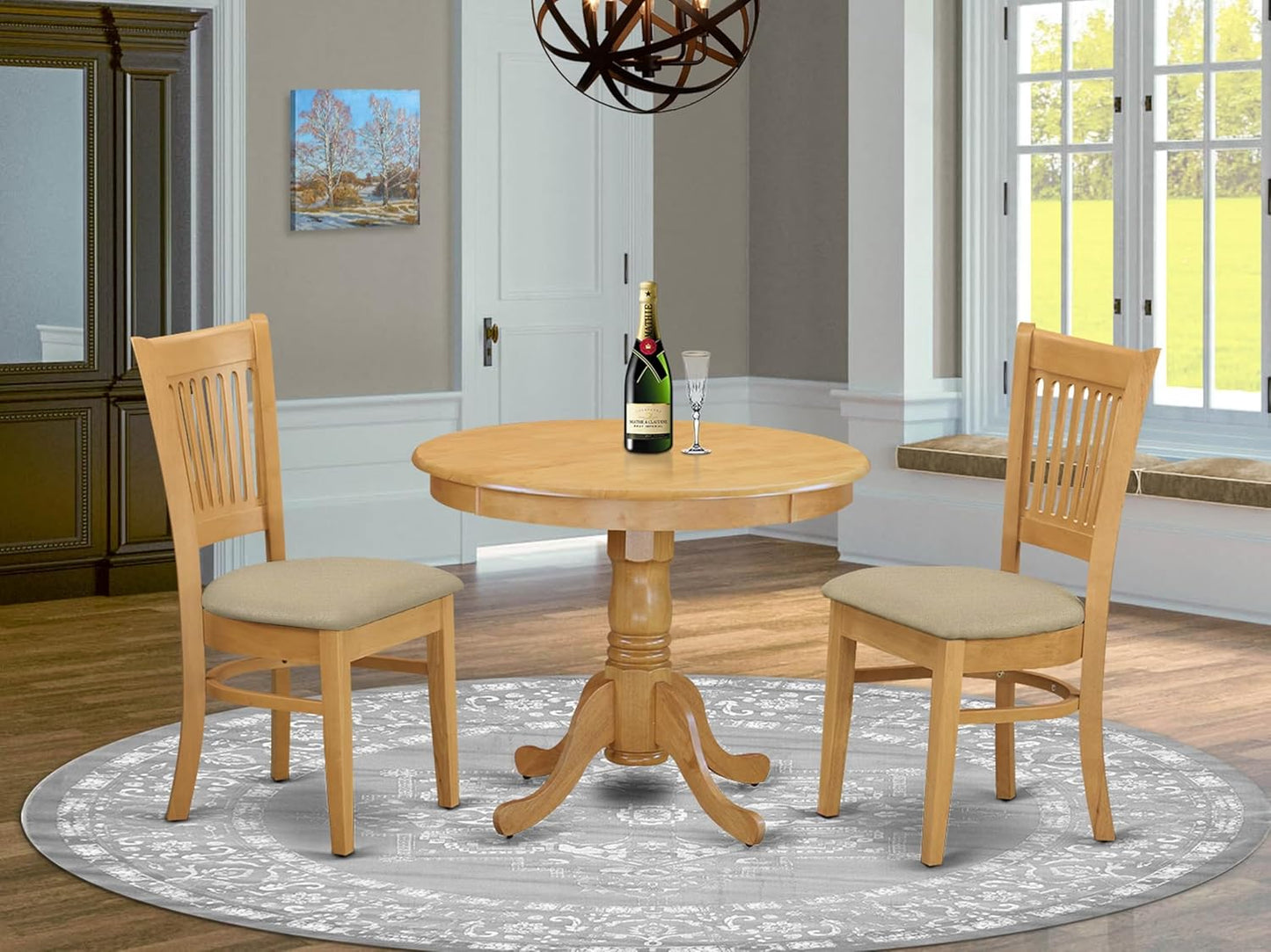 East West Furniture ANVA3-OAK-C 3 Piece Kitchen Table Set for Small Spaces Contains a Round Dining Room Table with Pedestal and 2 Linen Fabric Upholstered Chairs, 36x36 Inch, Oak