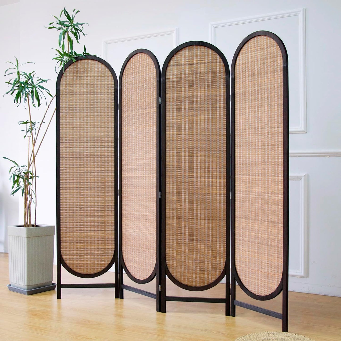 4 Panel Room Divider Screen and Folding Panel Divider in Arch Shape,Double Sided Bamboo Panel Screen for Room Separation,Brown,70.9" H x 70.9" W