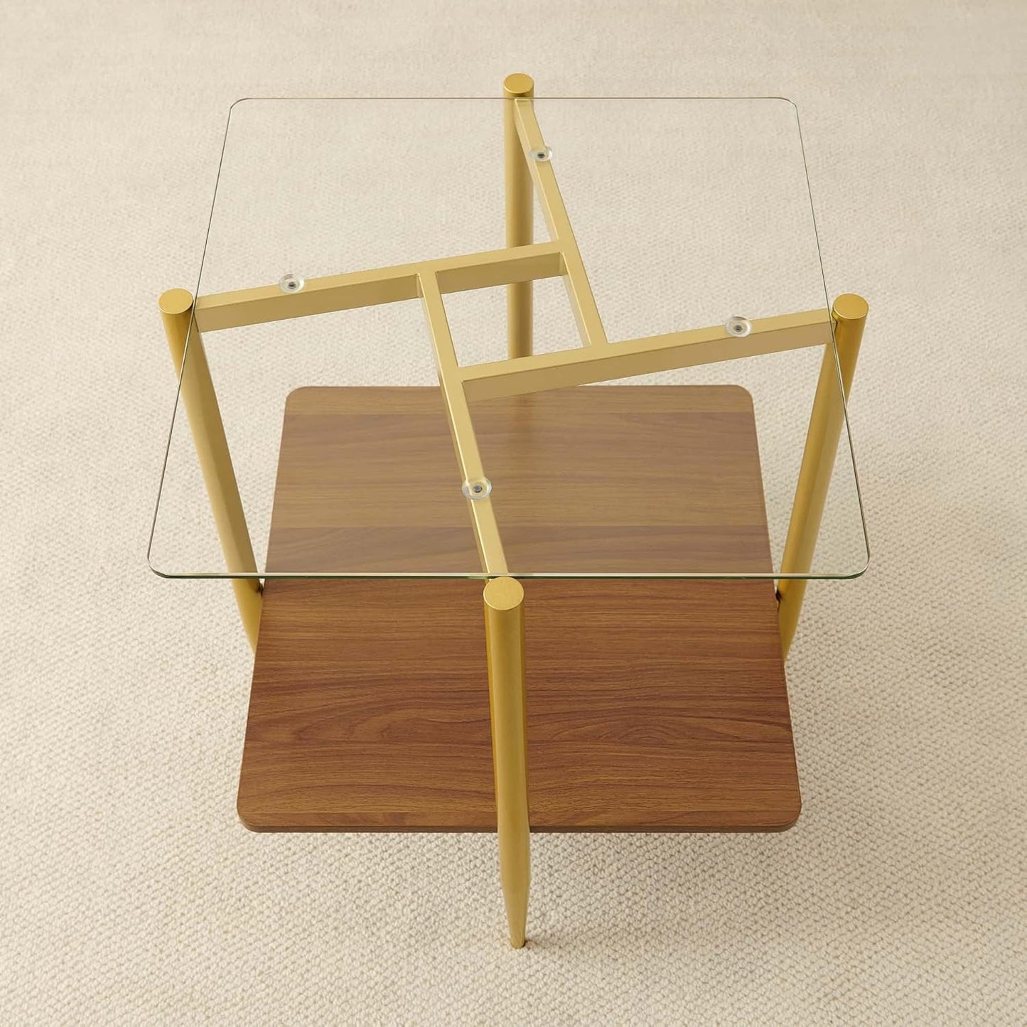 Square Glass End Table, Mid-Century Modern Sofa Table, L20*W20*H23 inch for Living Room, 2-Tier Structure, Clear Glass Top and Walnut MDF Shelf, Sleek Conical Metal Legs with Gold Finish