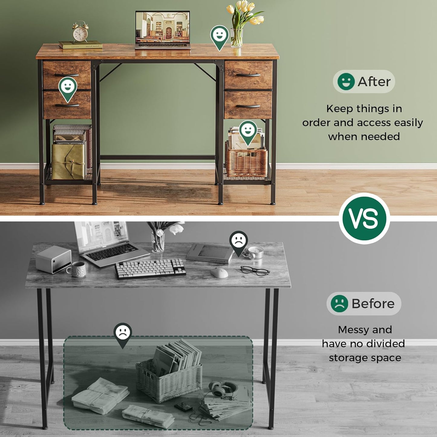 Huuger 47 Inch Computer Desk with 4 Drawers, Office Desk with Mesh Shelf, Gaming Desk, Large Storage, Writing Work Desk for Home Office, Study, Bedroom, Work from Home, Rustic Brown