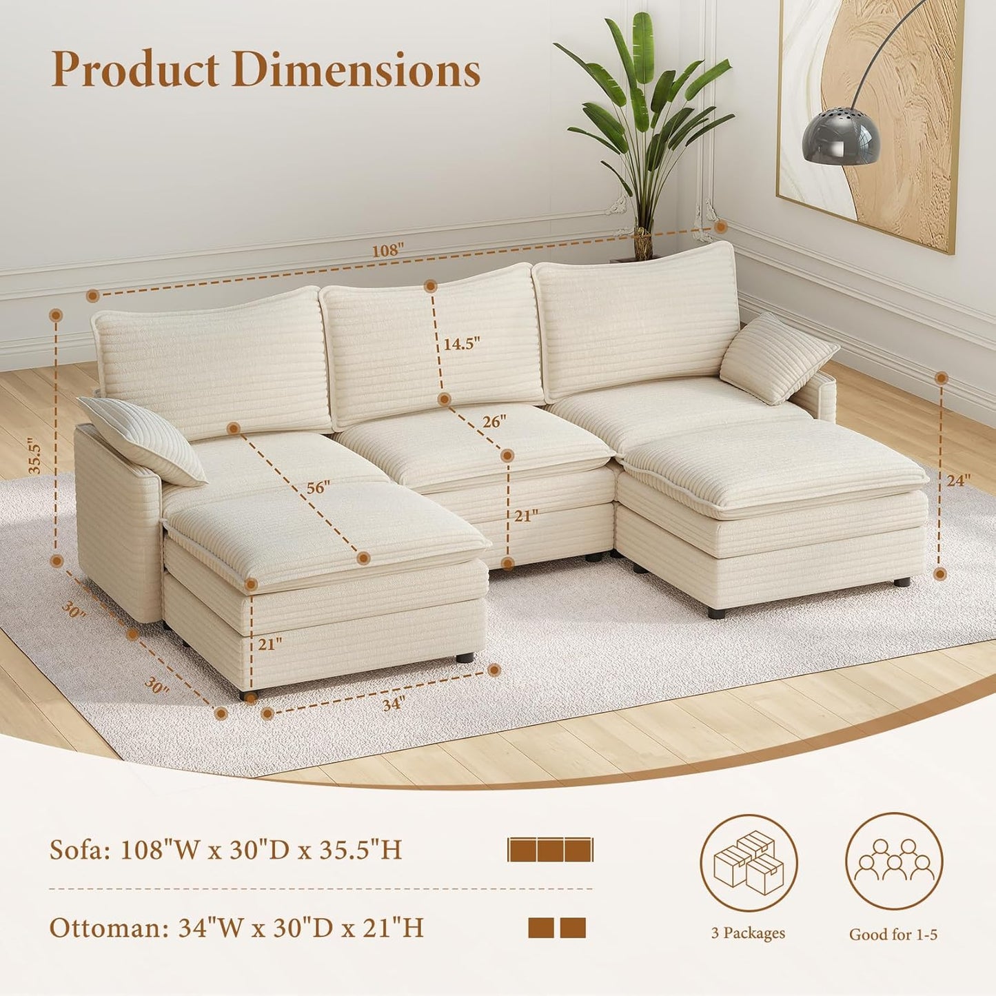 Vesgantti 108" U Shaped Sectional Couch, Comfy Cloud Modular Sectional Sofa with 2 Ottoman Deep Seat Corduroy Modern Cloud Sofa, Modular Sofas for Living Room, Bedroom and Apartment, Beige